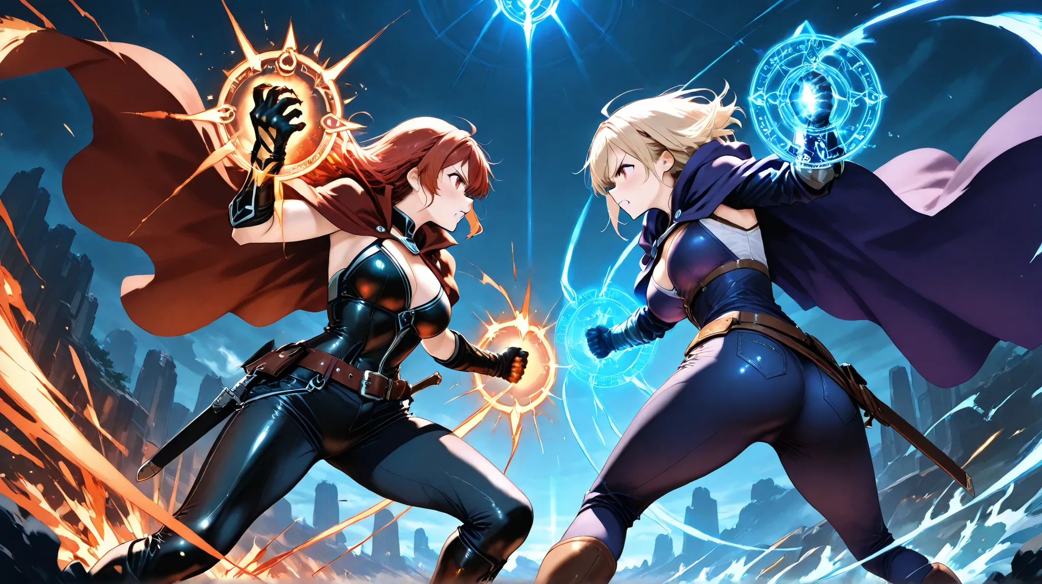 a dramatic battle scene between two anthropomorphic cat warriors, one casting elemental spells with fire and water, wearing a mage's cloak with runes, and the other a wild-haired fighter in leather and denim, slashing through magic with claws and energy, e...