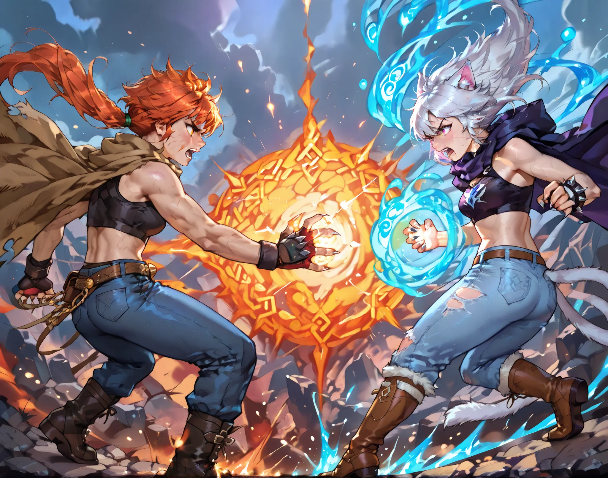 a dramatic battle scene between two anthropomorphic cat warriors, one casting elemental spells with fire and water, wearing a mage's cloak with runes, and the other a wild-haired fighter in leather and denim, slashing through magic with claws and energy, e...