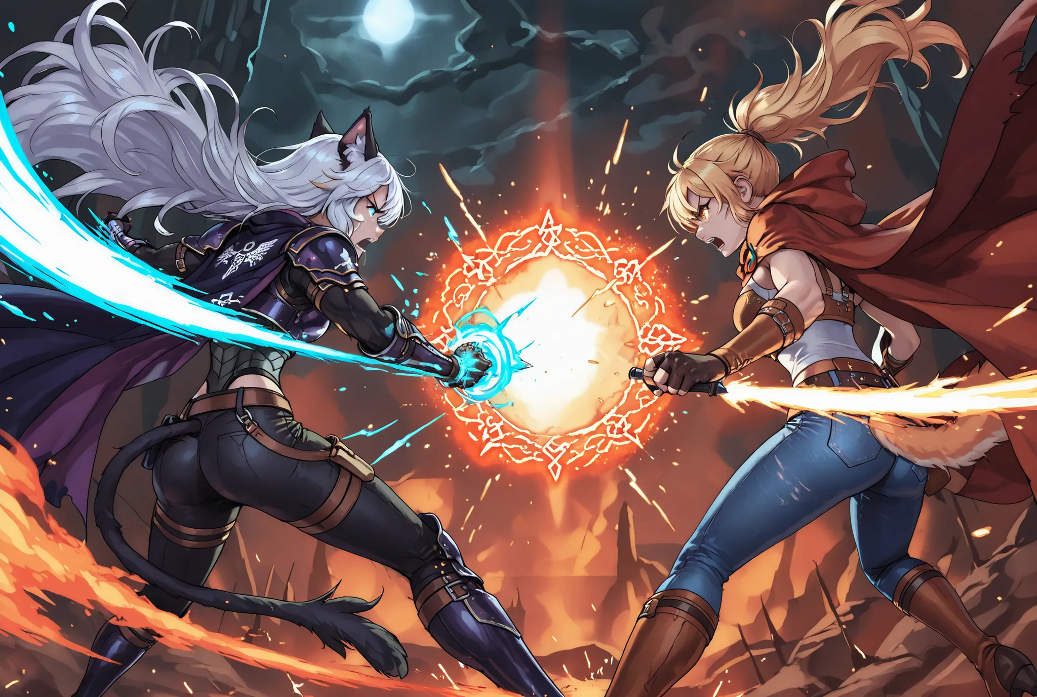 a dramatic battle scene between two anthropomorphic cat warriors, one casting elemental spells with fire and water, wearing a mage's cloak with runes, and the other a wild-haired fighter in leather and denim, slashing through magic with claws and energy, e...