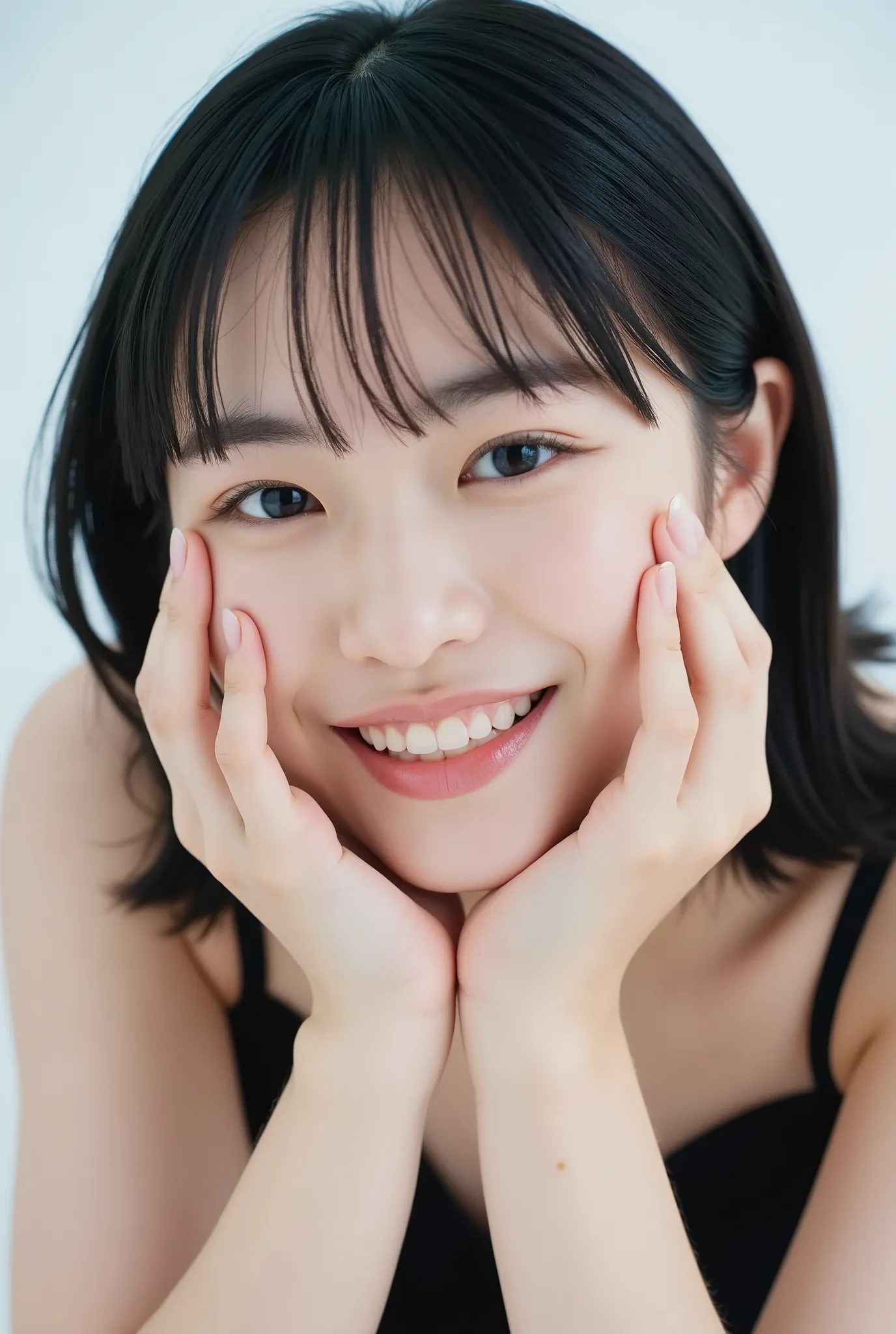 An extreme ultra close-up portrait of a stunningly beautiful young Japanese woman in her early twenties. Her face fills 95% of the frame, captured in cinematic soft lighting. She has a warm skin tone with flushed cheeks, porcelain-smooth complexion, visibl...