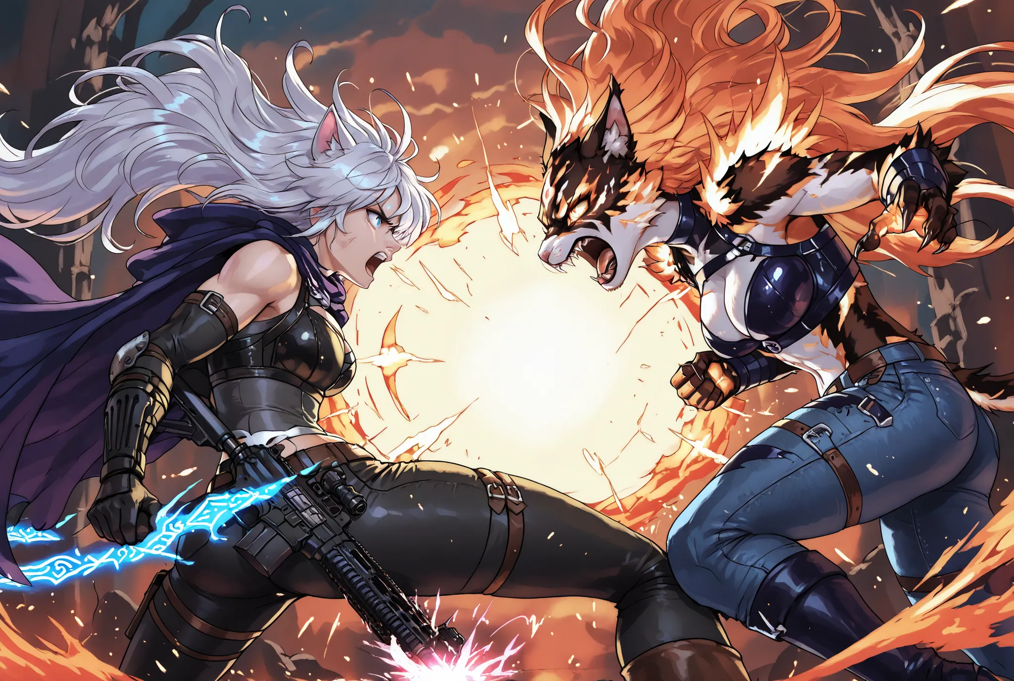 a dramatic battle scene between two anthropomorphic cat warriors, one casting elemental spells with fire and water, wearing a mage's cloak with runes, and the other a wild-haired fighter in leather and denim, slashing through magic with claws and energy, e...