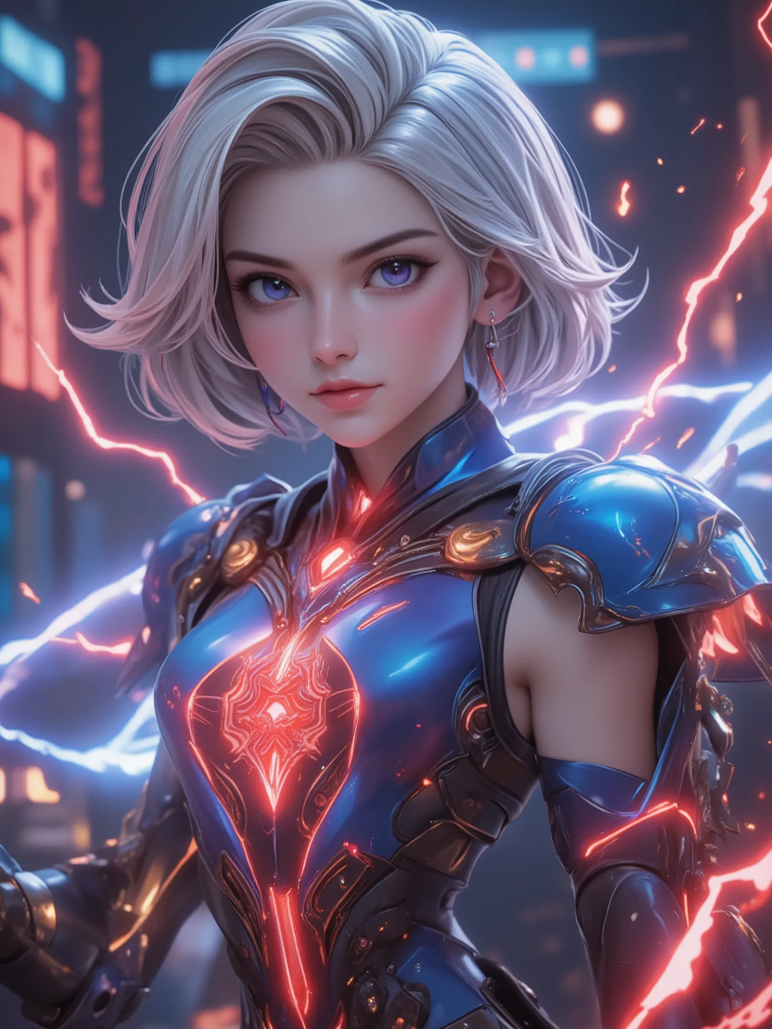 A very bright and extremely charming girl, fuses modern and futuristic warrior elements, A very bright and extremely charming lady with a mysterious ancient artifact embedded in her body, with exquisite battle armor, Brilliant , Stunning, girl, white ...