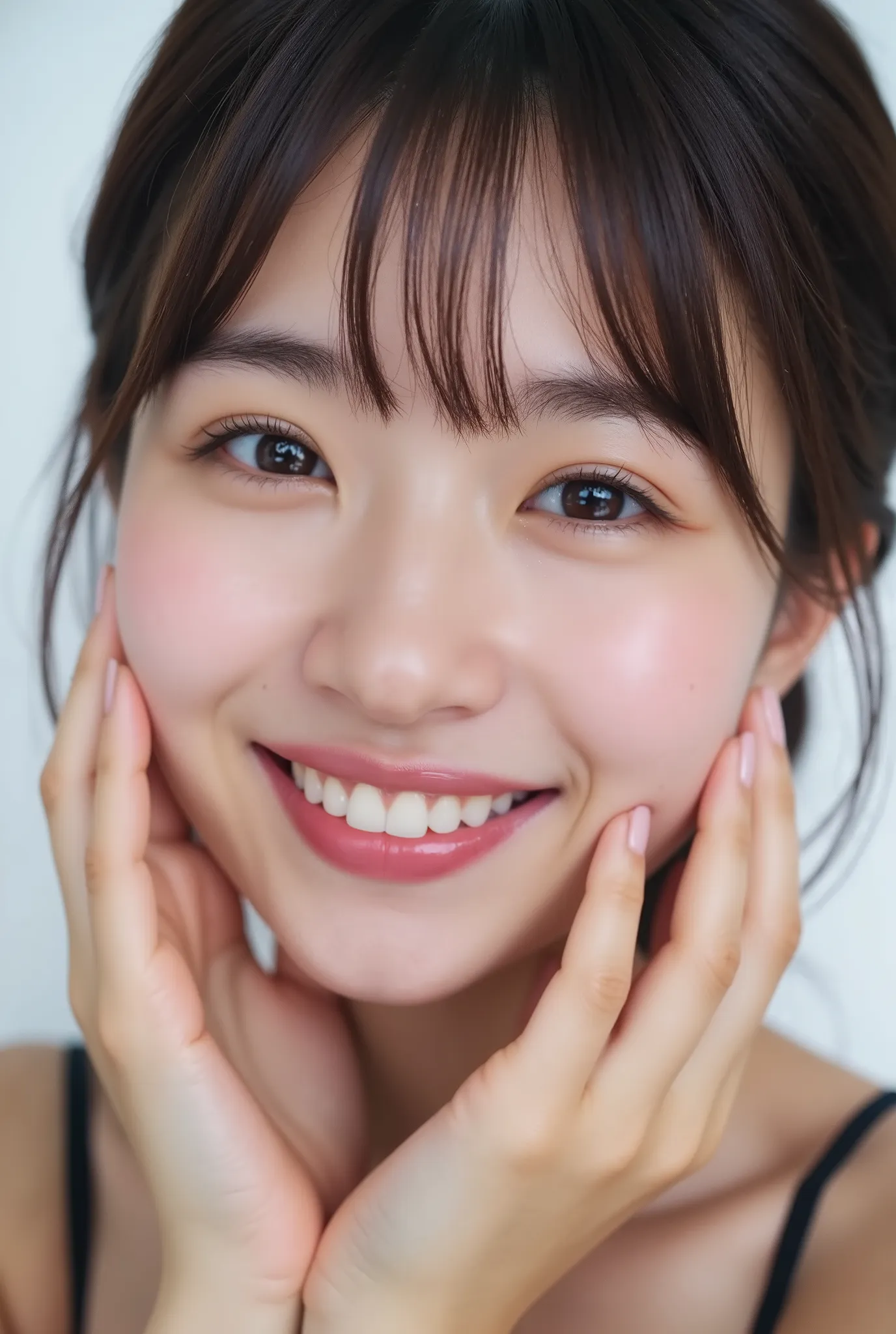 An extreme ultra close-up portrait of a stunningly beautiful young Japanese woman in her early twenties. Her face fills 95% of the frame, captured in cinematic soft lighting. She has a warm skin tone with flushed cheeks, porcelain-smooth complexion, visibl...