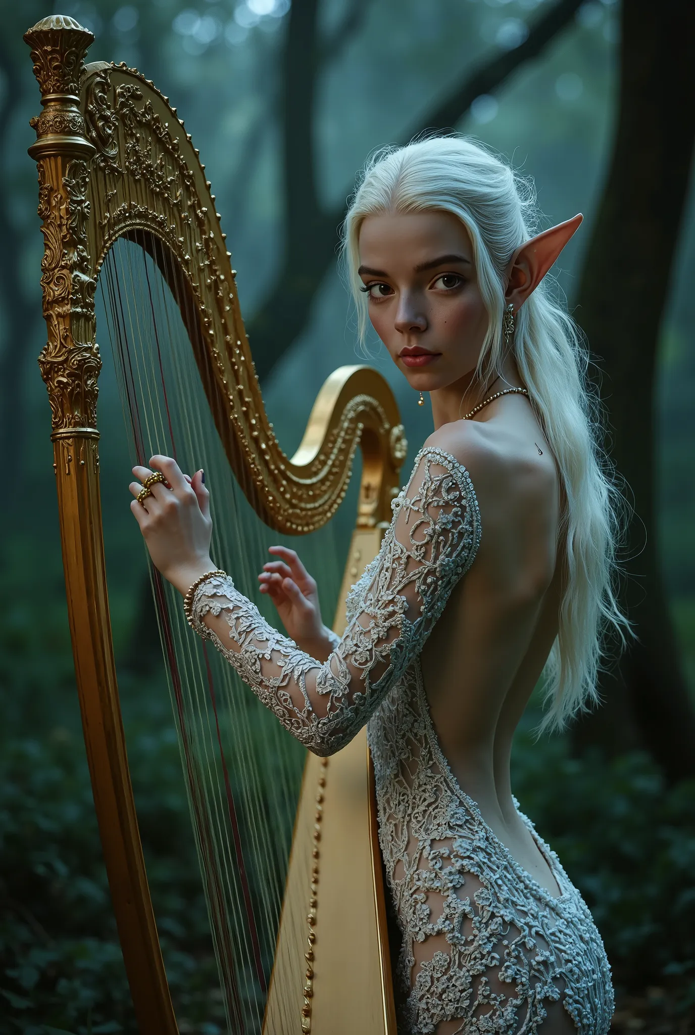 incredibly beautiful elf girl plays a luxurious harp at night in the forest, she is wearing a see-through white lace dress with gold floral patterns, open armpits, open sides of the waist, open sides of the hips and slender legs, the neckline of the dress ...