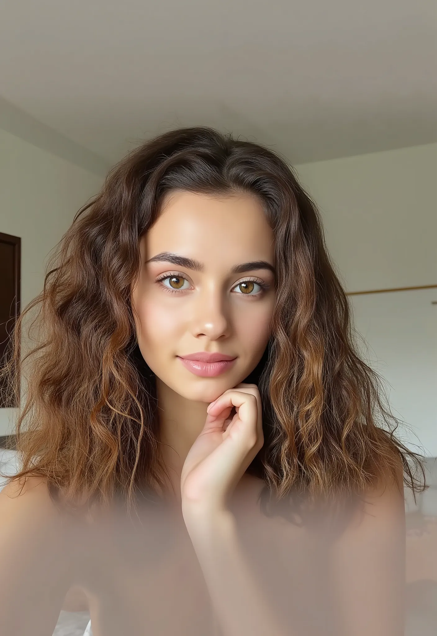 Realistic Photo [of a woman], [18 years old], [“whose name is Bruna“], [with brown eyes], [long curly hair], [with a beautiful body and beautiful curves], She is natural, She is natural and ultra realistic, She is Photogenic and a model, she is posing for ...