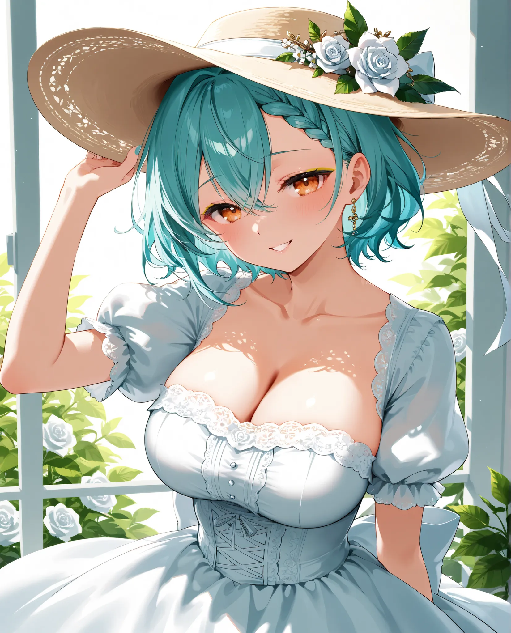 from_back:1.4, naughty_face, 1girl, (solo:1.2), absurdres, aqua hair, short hair, braided bangs hairstyle, orange_eyes, golden_eyeshadow, large breasts, breasts collarbone dress flower full_body hair_between_eyes hat long_dress looking_at_viewer puffy_sho...