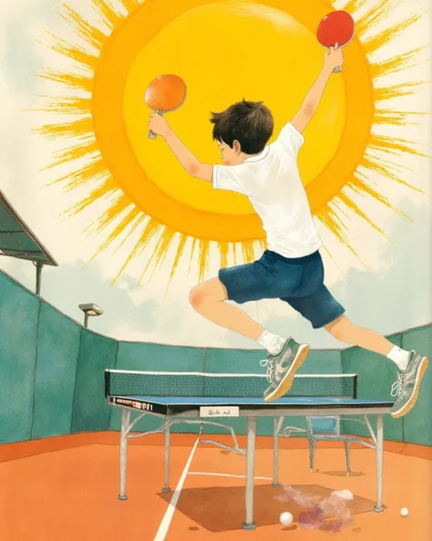 The setting is a table tennis court. A boy playing table tennis with a racket jumps high into the air with a dynamic movement and poses for a jumping smash, with a big smile. In the background, The background is psychedelic, and a sunburst like Peter Max or Tadanori Yokoo is displayed and overlaps the boy. It's like a manga, dynamic visual experience. By Taiyo Matsumoto. Style of Peter Max