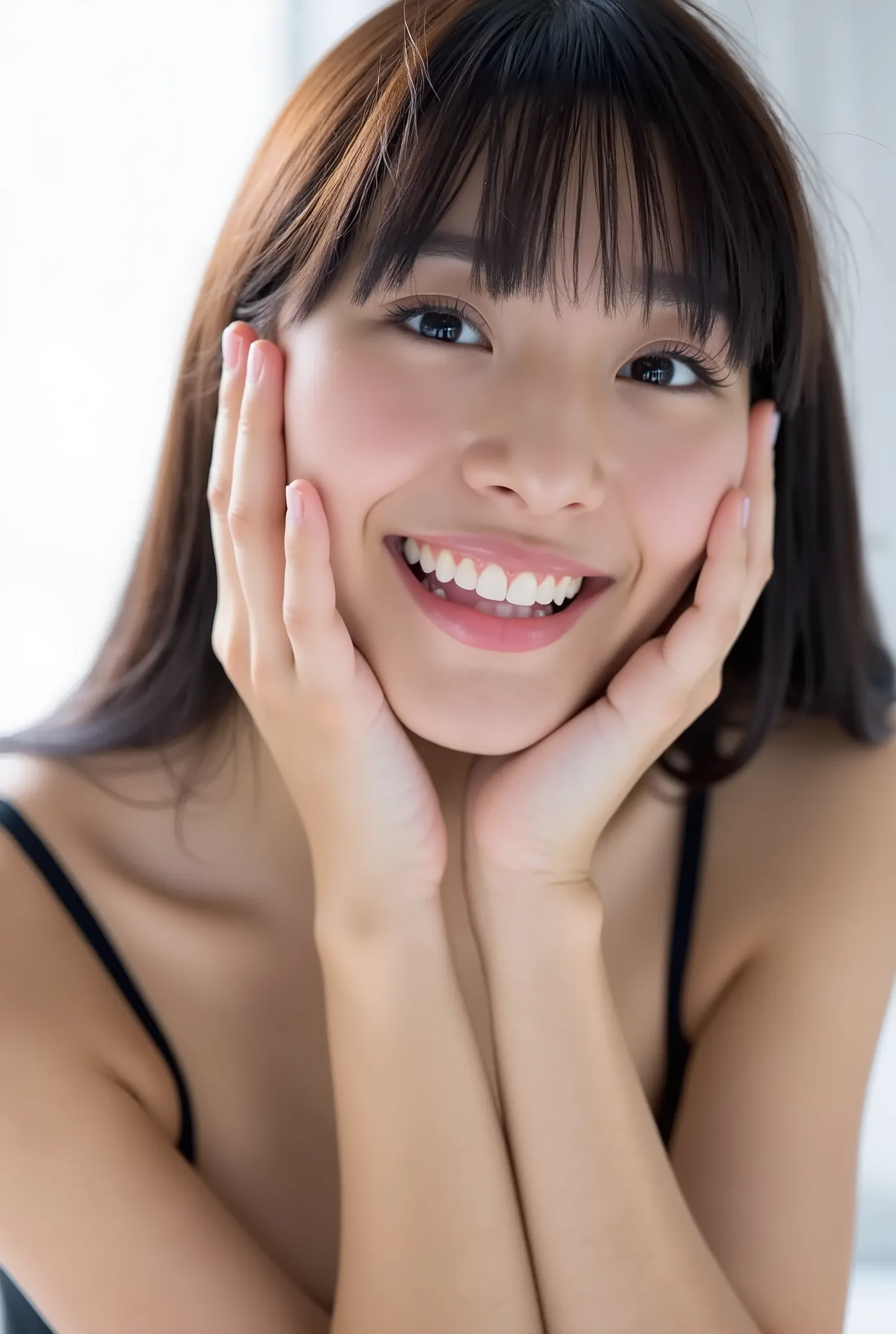 An extreme ultra close-up portrait of a stunningly beautiful young Japanese woman in her early twenties. Her face fills 95% of the frame, captured in cinematic soft lighting. She has a warm skin tone with flushed cheeks, porcelain-smooth complexion, visibl...