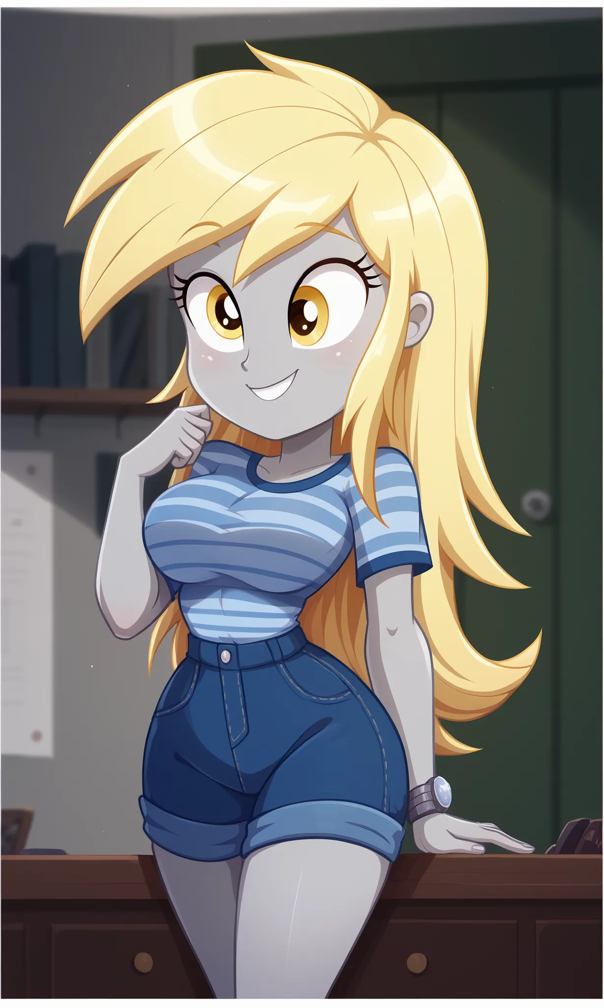 masterpiece, detailed image, soft skin, style_2d_chibi, (Derpy Hooves) DerpyHooves, Derpy_Hooves, 1 girl, , 1 girl, yellow hair, without side locks, sim locks, without sideburns,, gray skin, yellow eyes, smile, big breasts, wide hips,,, SciTwi EQG, blond...
