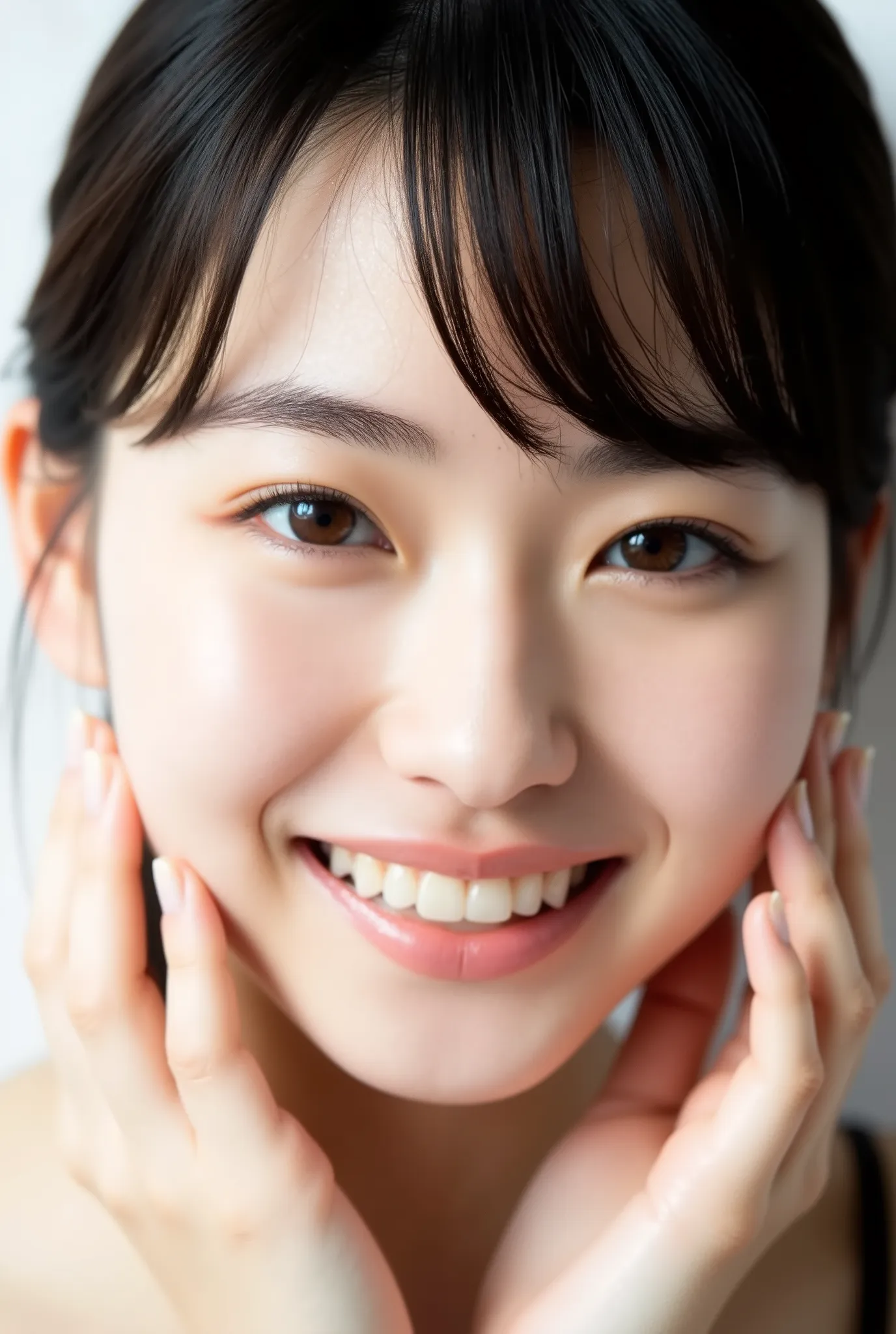 An extreme ultra close-up portrait of a stunningly beautiful young Japanese woman in her early twenties. Her face fills 95% of the frame, captured in cinematic soft lighting. She has a warm skin tone with flushed cheeks, porcelain-smooth complexion, visibl...