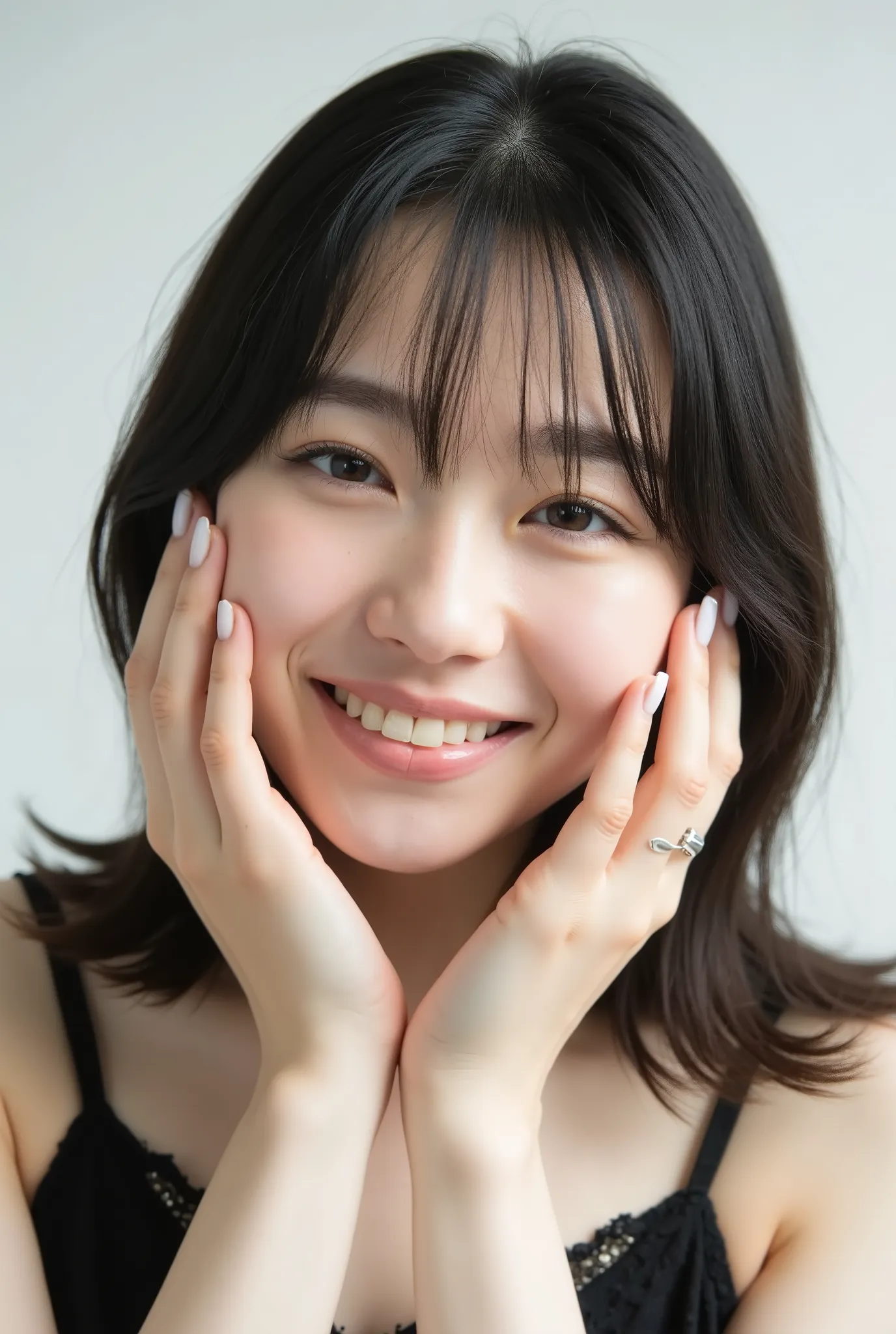 An extreme ultra close-up portrait of a stunningly beautiful young Japanese woman in her early twenties. Her face fills 95% of the frame, captured in cinematic soft lighting. She has a warm skin tone with flushed cheeks, porcelain-smooth complexion, visibl...