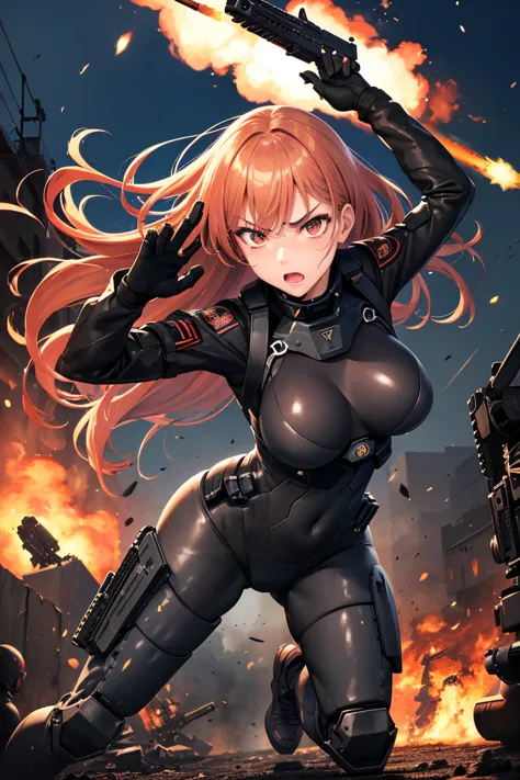 best quality,super detailed,shiny skin,1woman in her 20s,Beautiful jpn-woman,villain,(full body),(one female commando),(black camouflage combat suit:1.3),(shoot a machine gun:1.6),(protector),army boots,(red blonde:1.2),(angry face:1.2),(square hanging eyes),precisely drawn face,(super big breasts),(big ass),thigh focus,dynamic pose,futuristic equipment,(In combat:1.3),(urban warfare),Explosion and flames,cyber punk,night,1thumb and 4fingers,