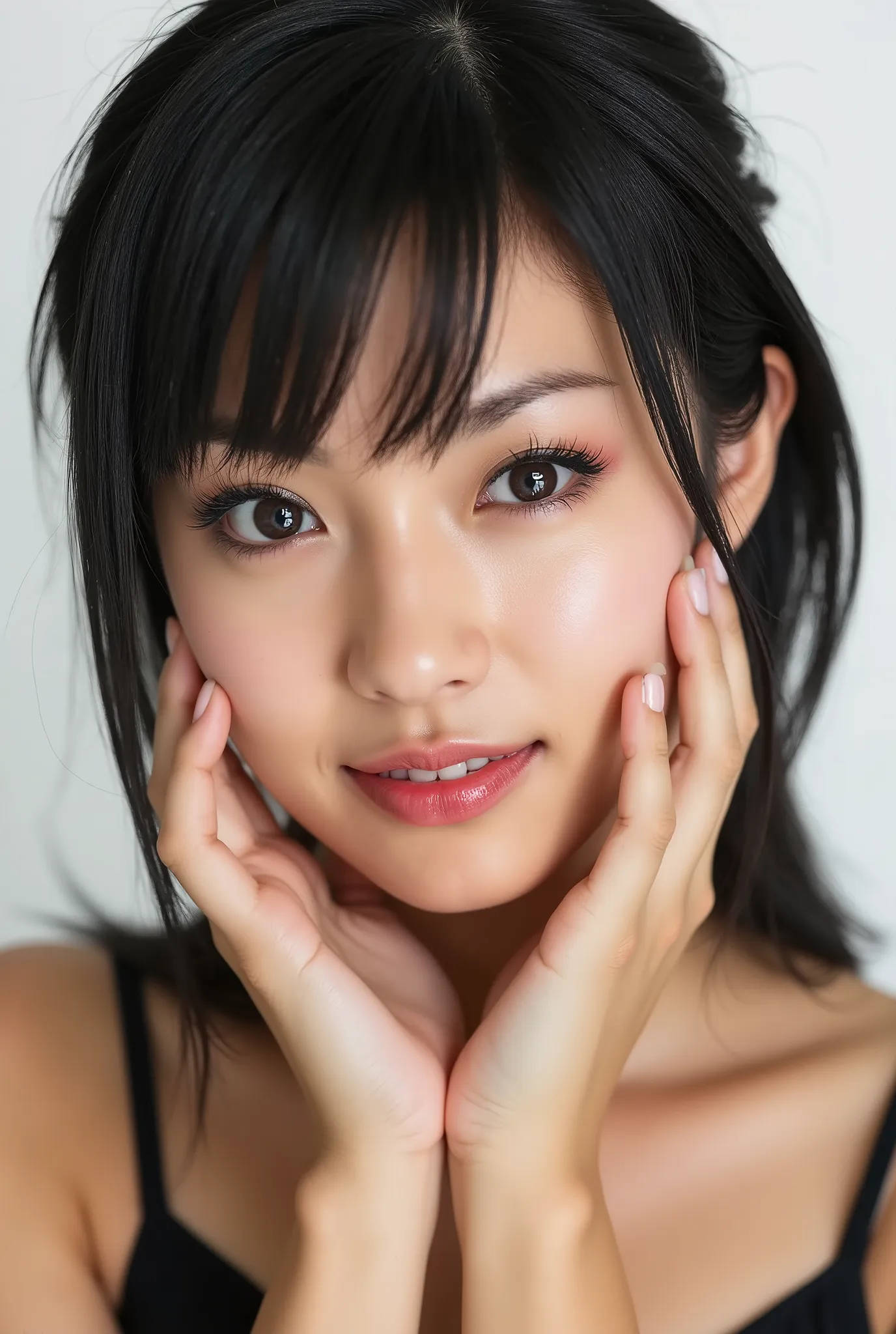 An extreme ultra close-up portrait of a stunningly beautiful young Japanese woman in her early twenties. Her face fills 95% of the frame, captured in cinematic soft lighting. She has a warm skin tone with flushed cheeks, porcelain-smooth complexion, visibl...