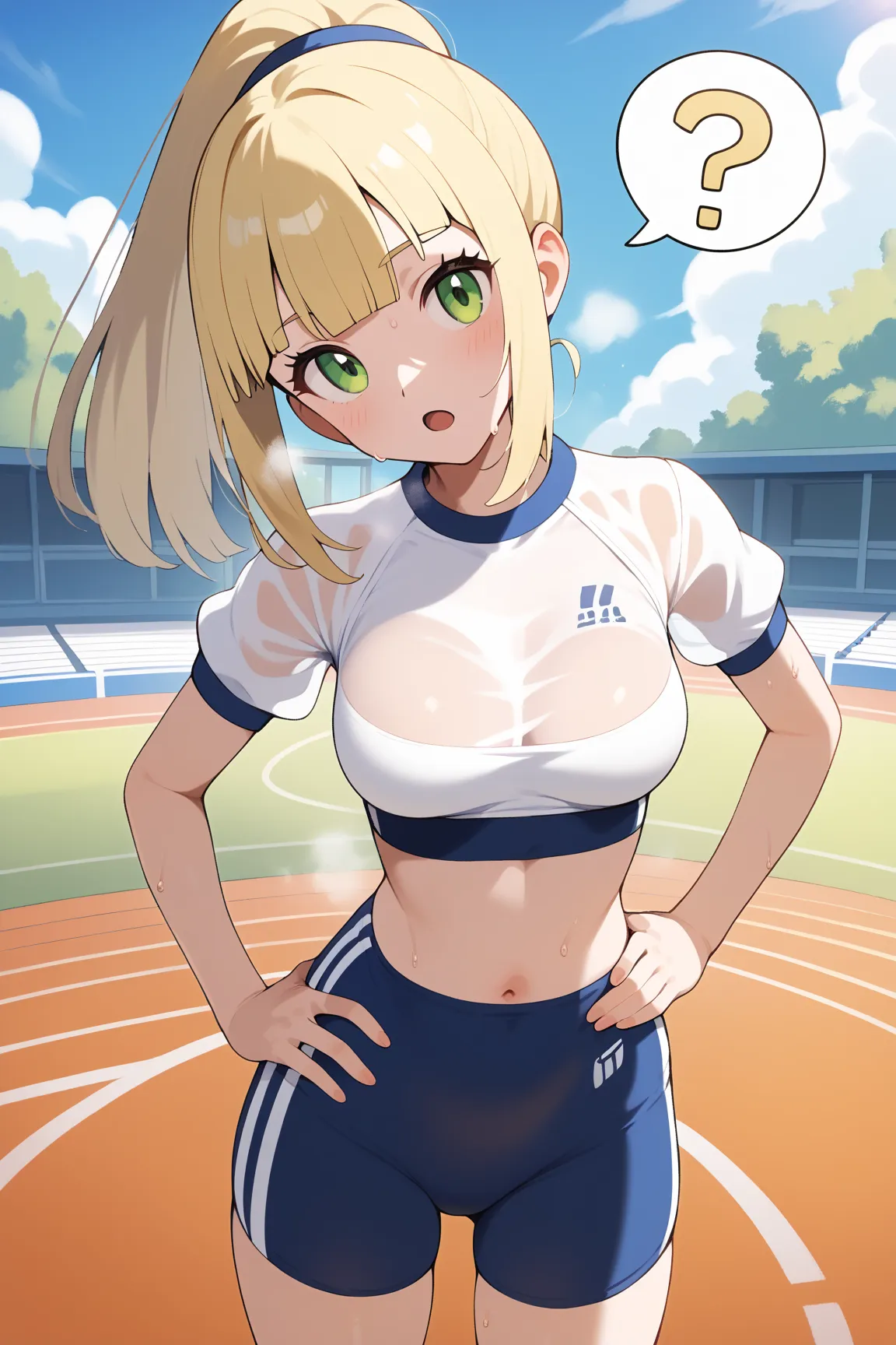 Lilie,megami magazine,long hair,blonde hair,ponytail,hair between eyes,blunt bangs,green eyes,medium breasts,
(((see through gym uniform))),sports bra,((steam)),
1girl,(is kubrick stare,open mouth:1.0),sweat,spoken question mark,
((standing,looking at viewer,head tilt,hand on hip:1.2)),
(running track:1.0),clothed
