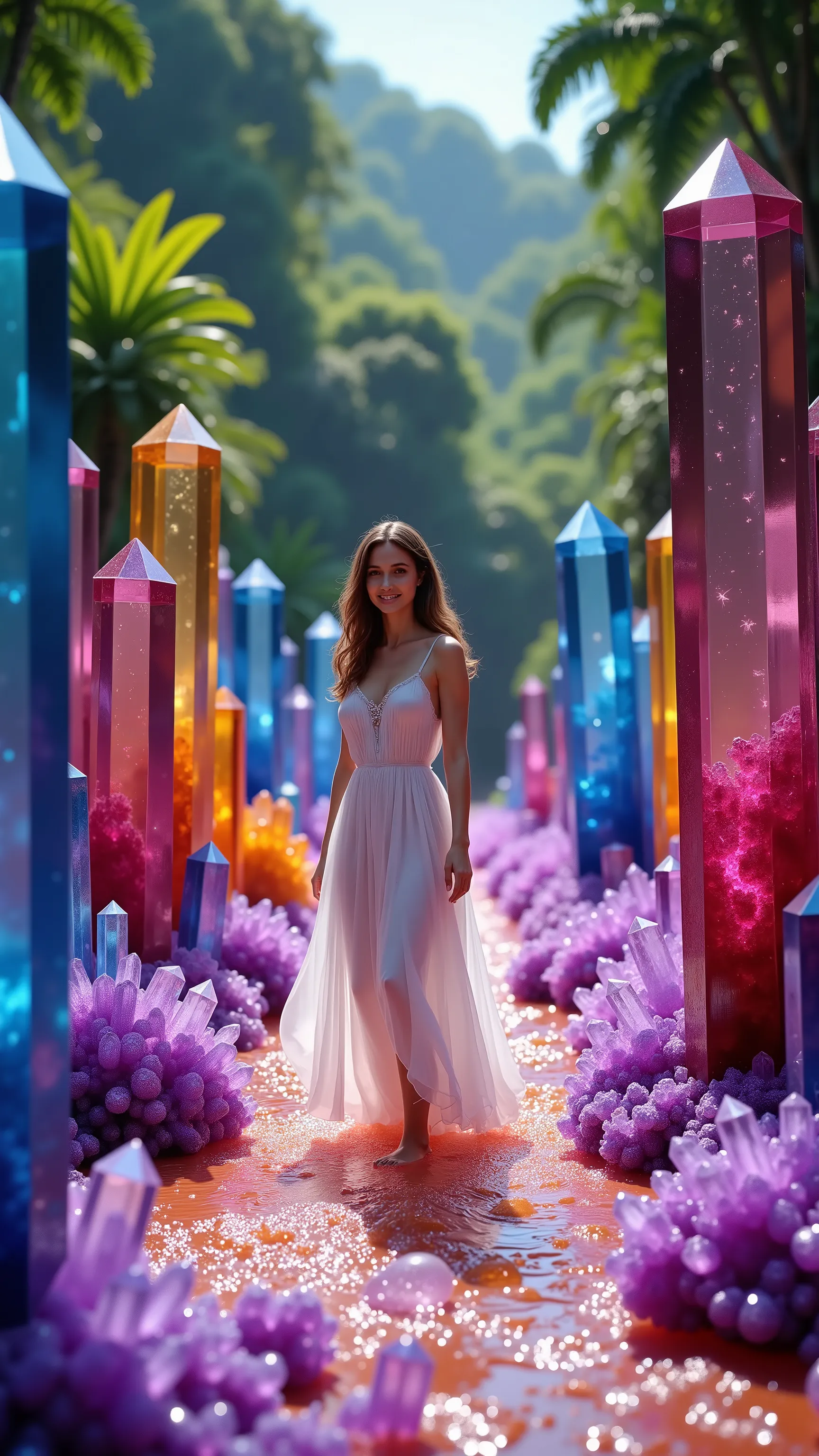 Ultra realistic, cinematography, ultra detailed, 8K, highres, 1girl, gorgeous european woman walking through a neon orange stream, direct eye contact, smiling, looking at the viewer, enormous 12-20 foot tall dark blue dark pink, dark red, and dark yellow t...