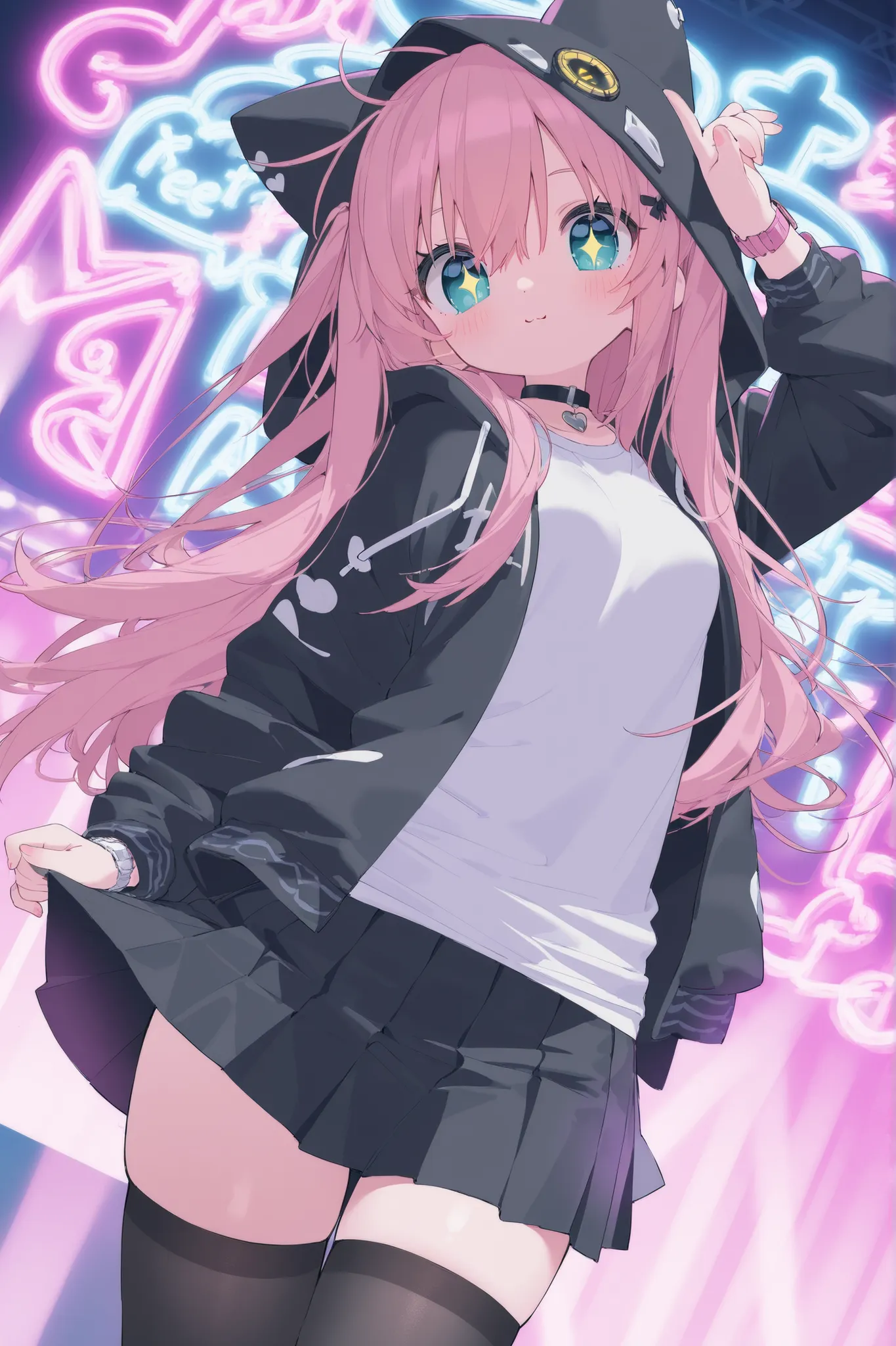 best quality、Highest Quality、8k、Highly detailed CG、dynamic angle、cowboy shot、Neon Light Sparkling Cyber Nightclub、Illuminated sign in the back、standing、Watch here、Beautiful Girls,1 cute girl、 cute pose with both hands 、Naughty hip swing dance、 random leg p...