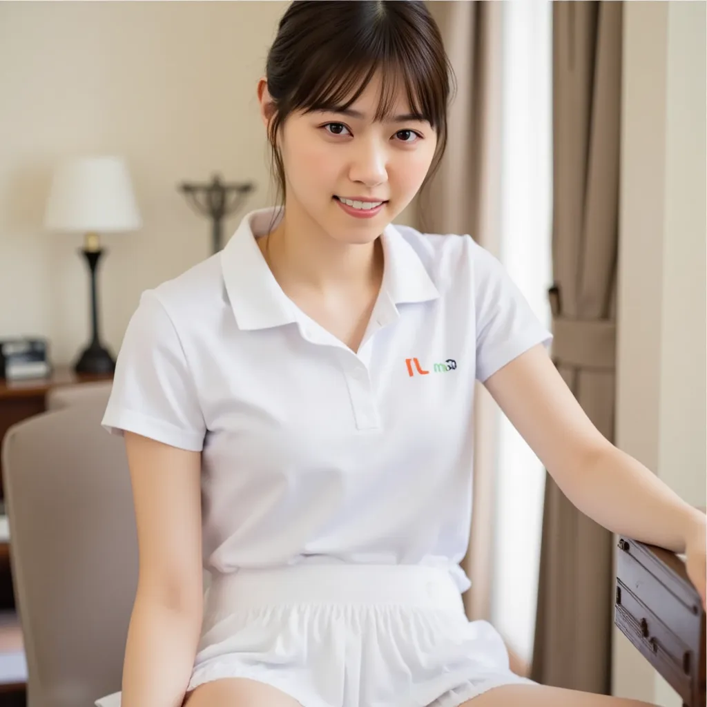 (Masterpiece, Best quality:1.4), (Ultra realistic, Photo-realistic:1.3), (nsfw:1.2), ((Wearing white tennis uniform, White short-sleeve polo shirt with collar:1.3)), (unbutton), (unbutton polo shirt), ((White pleated tennis skirt:1.3)), (Wearing white sock:1.2), beautiful medium breasts, Natural light, 20 years old actor, Japanese beautiful woman, Neat and clean, (short wavy hair:1.1), ponytail, (Beautiful face), Oval face, clear, Beautiful eyes, Kind eyes, Clear skin, Small face, Beautiful mouth, Small mouth, Natural makeup, Seductive pose, Seductive eyes, Seductive smile, (Beautiful thighs:1.2), Luxury hotel Suite room, (My chest is torn:1.3), (beautiful collarbone is visible), 