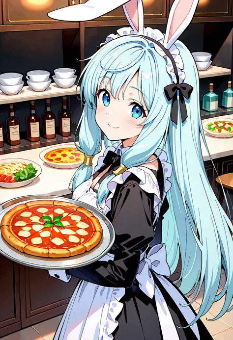 high definition、Highest Quality、Highest Quality、kitchen background、taken from the front、Standing、closed mouth、one girl、solo, smile, Shea Haulia,blue eyes, Light Blue Hair, Chest, Bunny ears、 hair bow, Black Maid Outfit 、(black victorian maid outfit:1.tandi...
