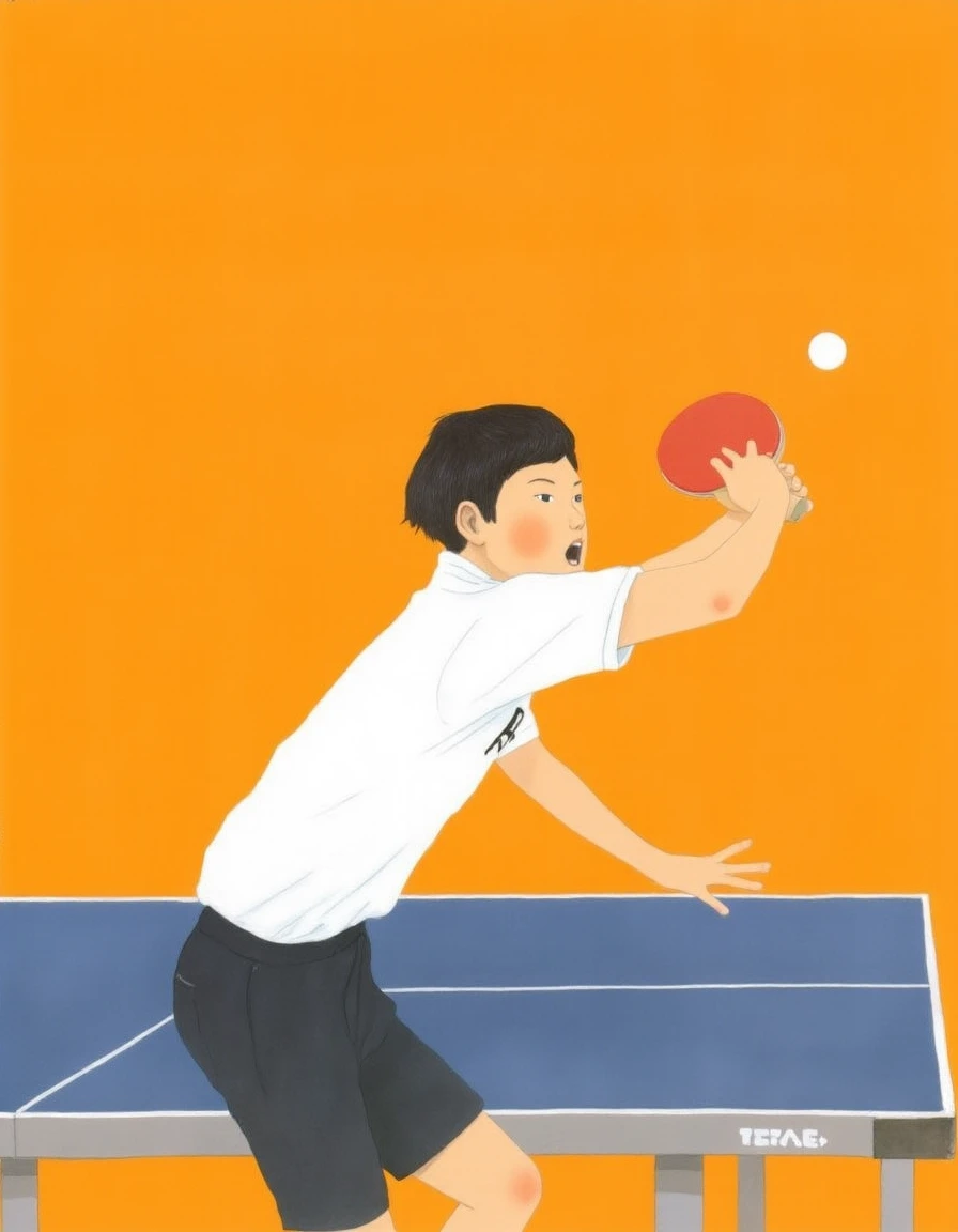 Works by Taiyo Matsumoto, (((Ping-pong table))), Boy holding a table tennis racket, jumping high with dynamic movements, poses for Jump Smash, digital illustration of a young man playing table tennis from a front camera angle, about a boy in action who is bending his left arm at the elbow, holding a, ping pong paddle, Ping-pong tableのある屋内設定で, in the center of the image, A young Asian boy with short, dark hair and a big smile, side camera shot, in an indoor setting with an orange background, he is facing the viewer, wearing a white t-shirt and black pants There is, his body is in a position that suggests he is about to hit a shot, with a white ping pong ball in the air, trying to throw the ball, The style of the illustration is clean and minimal, Dynamic visual experience, anime style
