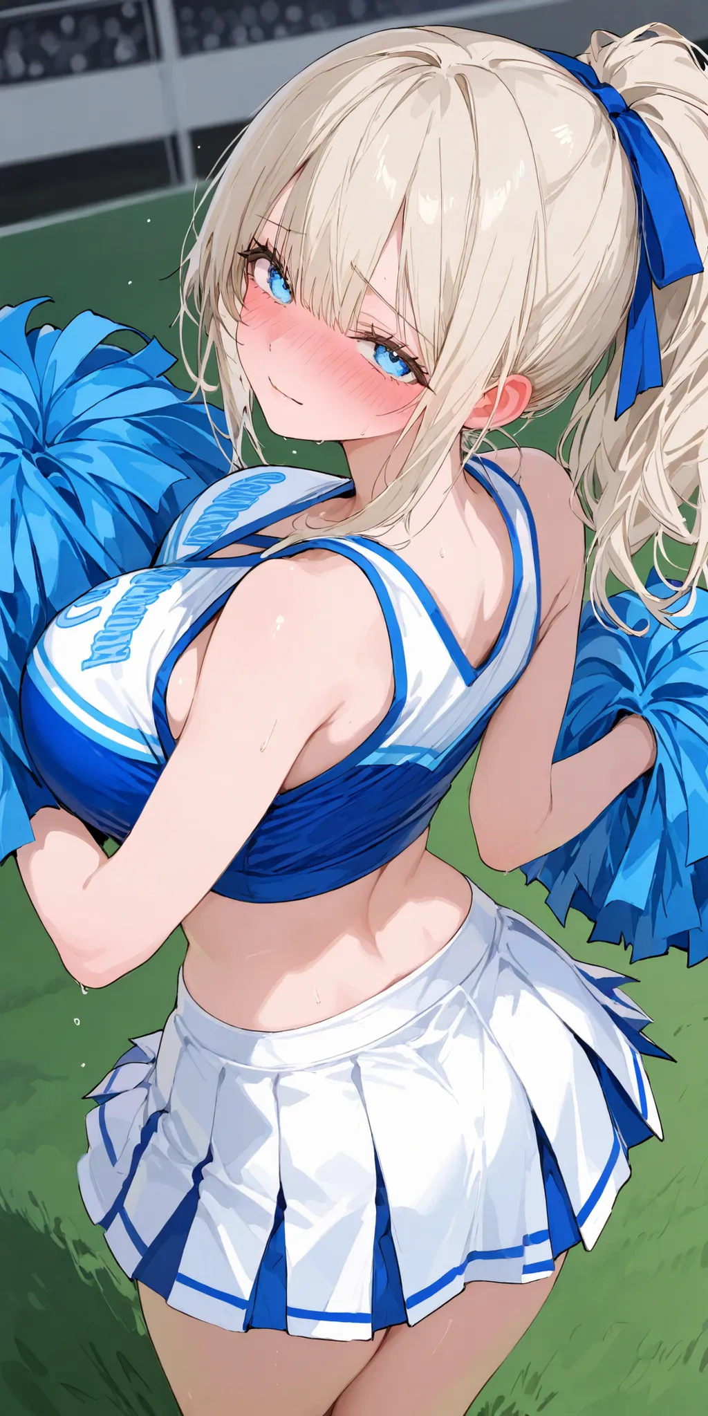 best quality, masterpiece, ultra detailed, general, SakimiStyle, SagawaStyle, 1girl, large breast, looking at viewer, 1girl, blushing, from behind, looking back, looking at viewer, looking up, (twisted torso:1.1), cheerleader, holding large pom-poms in both hands, embarrassed, blush, wince, tight-fit, entire body, frillly middle skirt, blue ribbon, tied hair up, sfw, long ponytail hairstyle, light smile open field