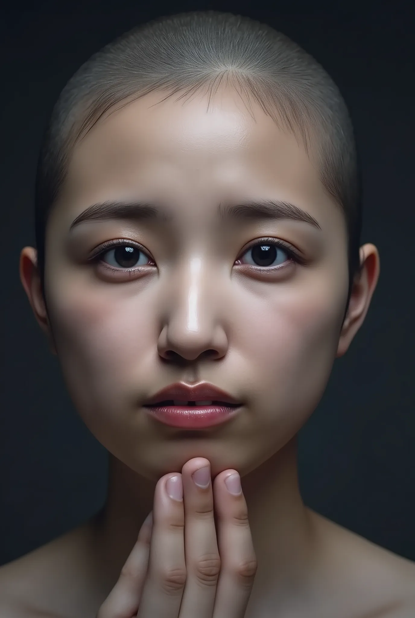 Create an head shot face, frontal face, look frontal face, please head bald (ioki_mao_flux: 0.5), (IOKI.MAO.FLUX: 0.5), hyperdetailed, maximum fidelity, quality, cinematic, subsurface scattering, maximal attention to correctness and detail, epic, magnifice...