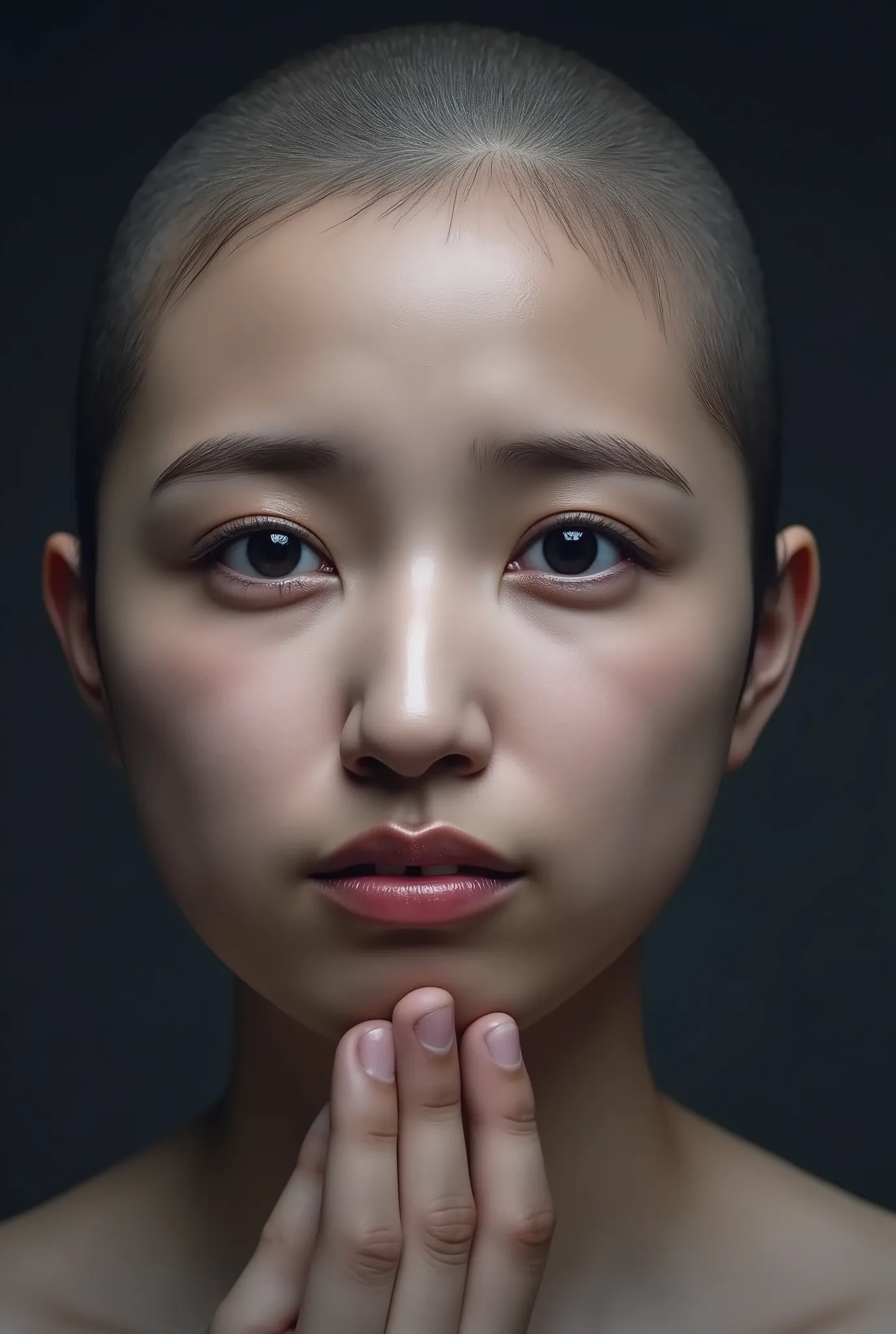 Create an head shot face, frontal face, look frontal face, please head bald (ioki_mao_flux: 0.5), (IOKI.MAO.FLUX: 0.5), hyperdetailed, maximum fidelity, quality, cinematic, subsurface scattering, maximal attention to correctness and detail, epic, magnifice...