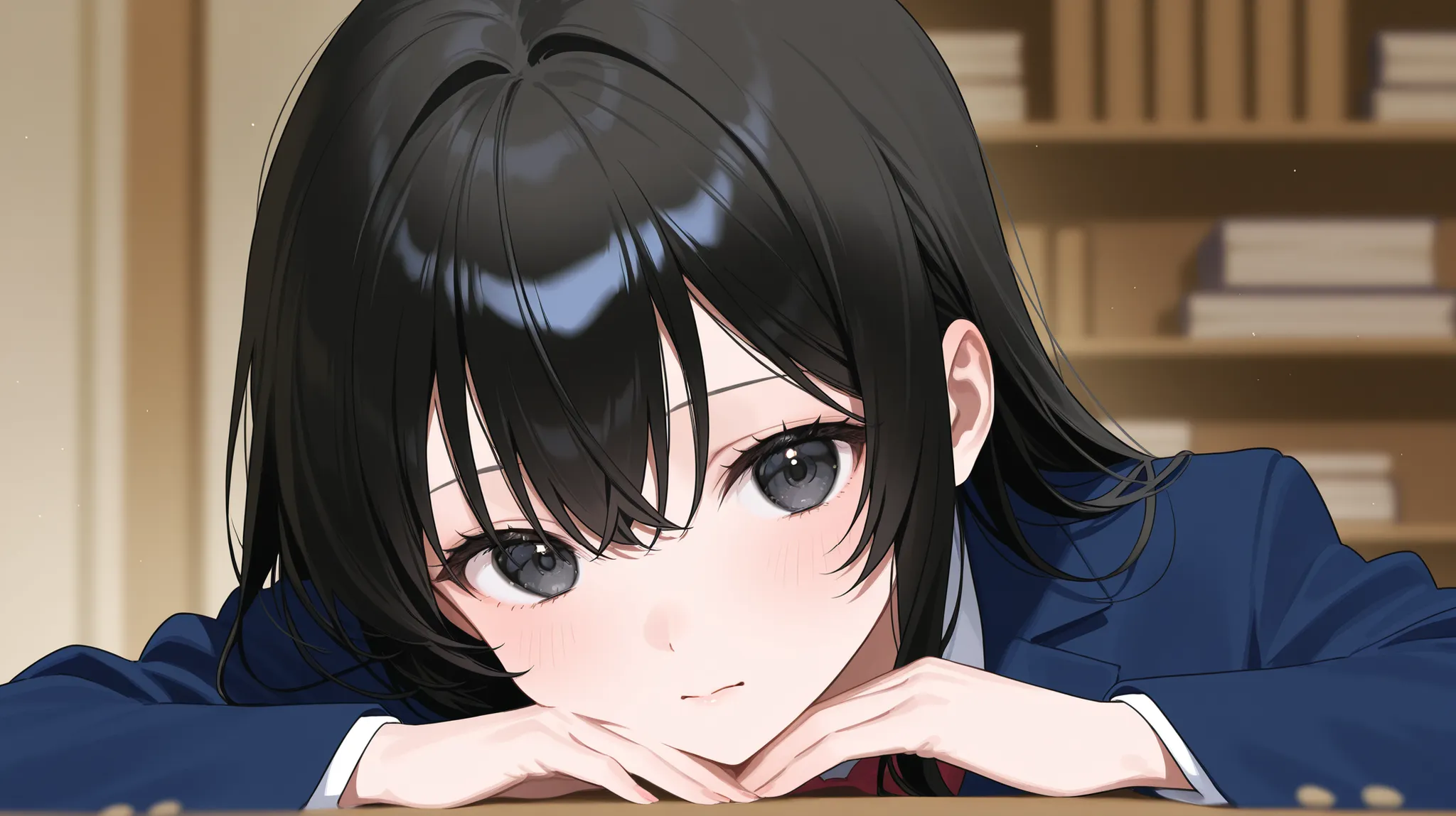 1 girl、no expression、high school students、 Apprentice Room 、cool、black hair、Unfriendly、Close、sit