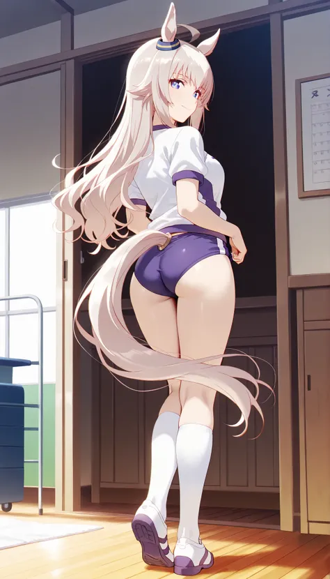 masterpiece, score_9, score_8_up, score_7_up, anime, pinup, Max Masterpiece, perfect eyes, perfect face, Best Quality, high resolution, 1 girl, oguri cap \(umamusume\), school gym clothes, buruma, standing, looking back, back view, ass, full body, smile, e...