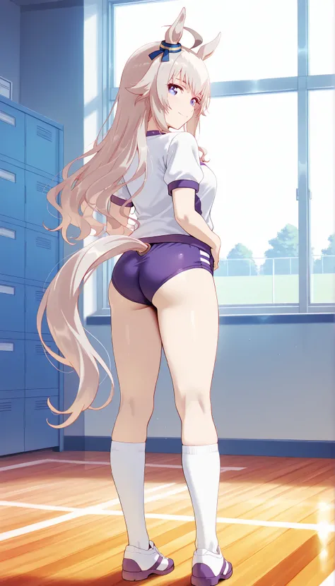 masterpiece, score_9, score_8_up, score_7_up, anime, pinup, Max Masterpiece, perfect eyes, perfect face, Best Quality, high resolution, 1 girl, oguri cap \(umamusume\), school gym clothes, buruma, standing, looking back, back view, ass, full body, smile, e...