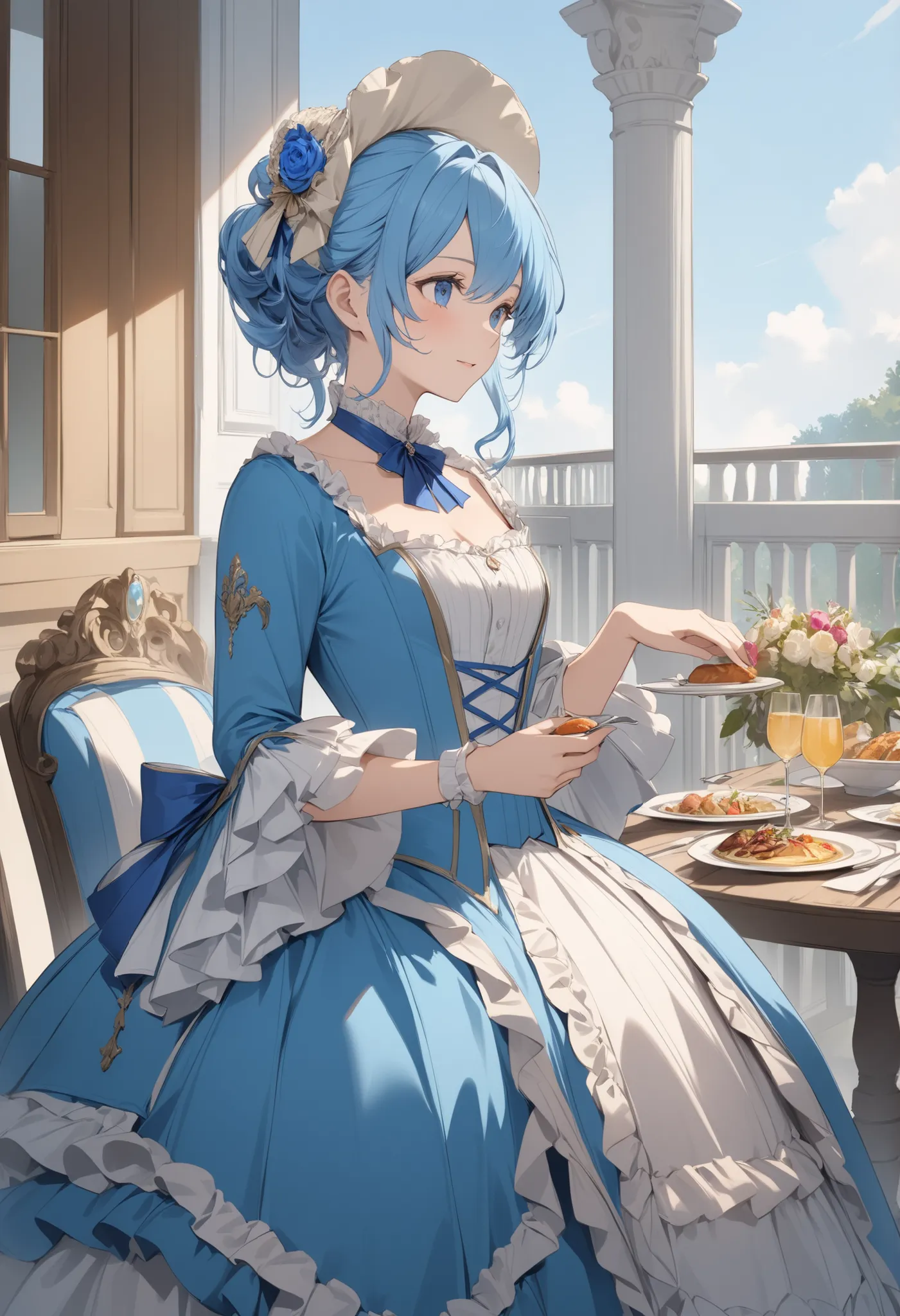 18th-century French nobility、 Rococo Dress 、Court Costume、 Blue Haired Beauty 、Dinner Party、Go out to the terrace alone and take a break
