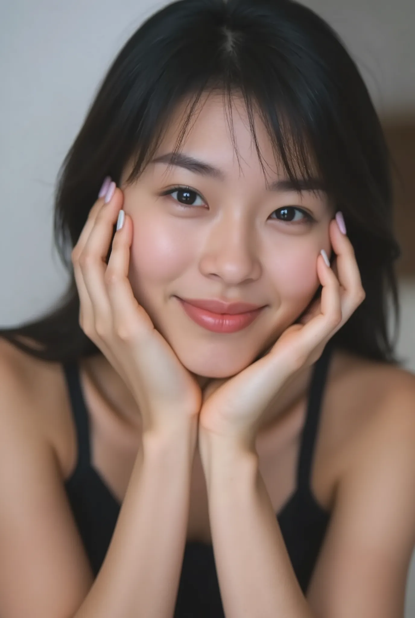 An extreme ultra close-up portrait of a stunningly beautiful young Japanese woman in her early twenties. Her face fills 95% of the frame, captured in cinematic soft lighting. She has a warm skin tone with flushed cheeks, porcelain-smooth complexion, visibl...