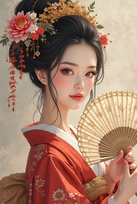 Hand held fan、Araf Woman Wearing a Wreath, Beautiful digital illustration, Fine art illustration, Stunning digital illustrations, Beautiful Digital Artwork, Inspired by Yoon Doo-ri, Digital illustration style, chinese empress, geisha portraits, beautiful f...