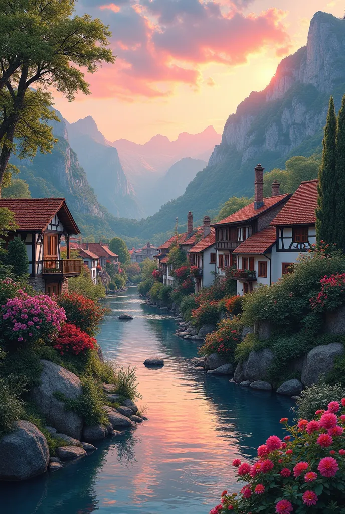 , a small riverside village,The background is mountains,Flowers bloom,vibrant with colors,Detailed scenery,Beautiful natural landscape,Ambiance Lighting,Scorching sunset,a warm color palette,utility,utility摄影,Delicate leaves,Complex architecture , cobblest...