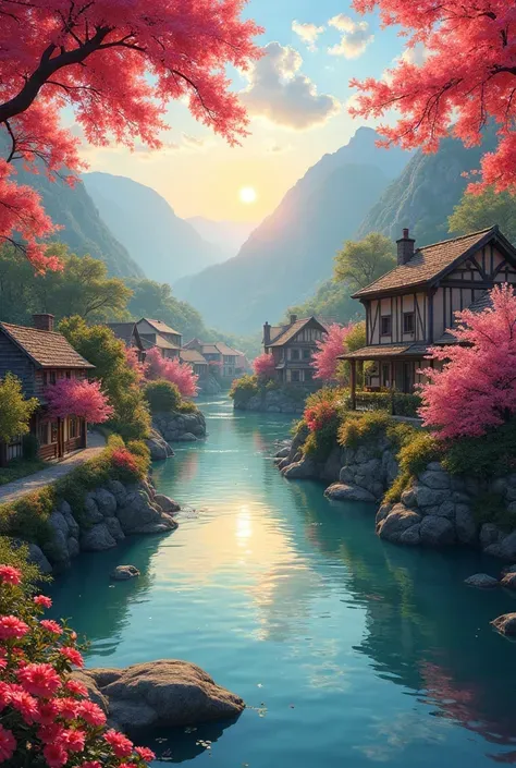 , a small riverside village，The background is mountains，Flowers bloom，vibrant with colors，Detailed scenery，Beautiful natural landscape，Ambiance Lighting，Scorching sunset，a warm color palette，utility，utility摄影，Delicate leaves，Complex architecture ， cobblest...