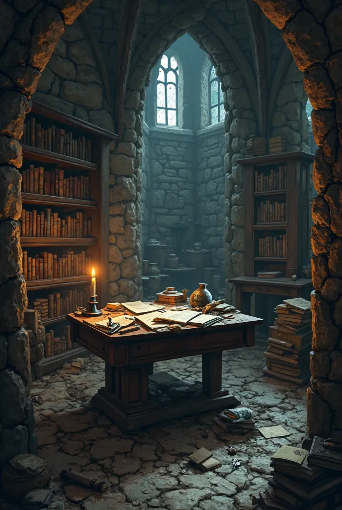 Illustrate a dimly lit, abandoned study room filled with dusty old books, scattered papers, and broken furniture. A heavy wooden table stands in the center, cluttered with cracked ink pots, faded maps, and rusted keys. Shadows stretch across cracked stone walls, and a single flickering candle struggles to keep the darkness at bay. The atmosphere feels heavy with forgotten secrets and lost time, blending realism with a moody, gothic art style."
