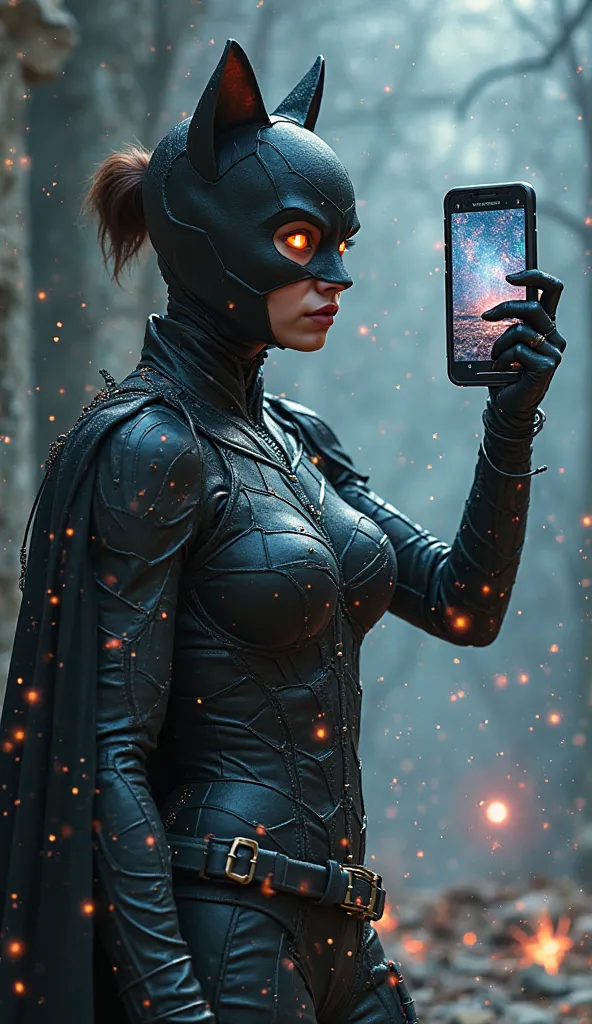 fantasy style. New smartphone with a 3D screen. Catwoman appears from the phone screen, half of her body has already left the phone, and her hand is extended to the viewer, The phone is in angular perspective, On the table, A sci-fi ivory effect is created, with vector breaks, effects of broken glass and explosions.