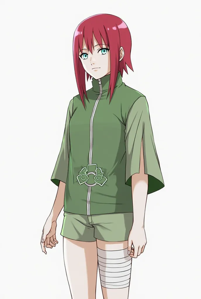 Create me a Naruto Shippuden OC Hair: Red like Kushina Skin: White Body: Busty Clothing: A green jacket with a leaf sash and short green shorts with a leg bandage like Naruto, but this time on the right Eyes: Light blue