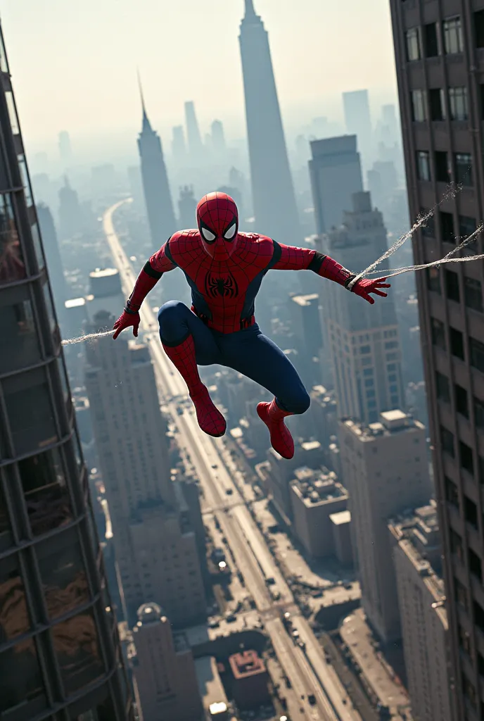 Realistic photo style: Spider-Man jumping from one building to another, loosening the web with a scene of a metropolitan city in the back 