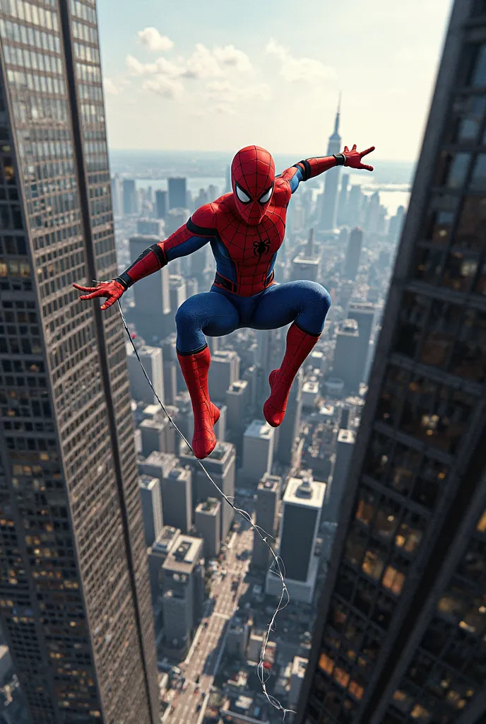 Realistic photo style: Spider-Man jumping from one building to another, loosening the web with a scene of a metropolitan city in the back 