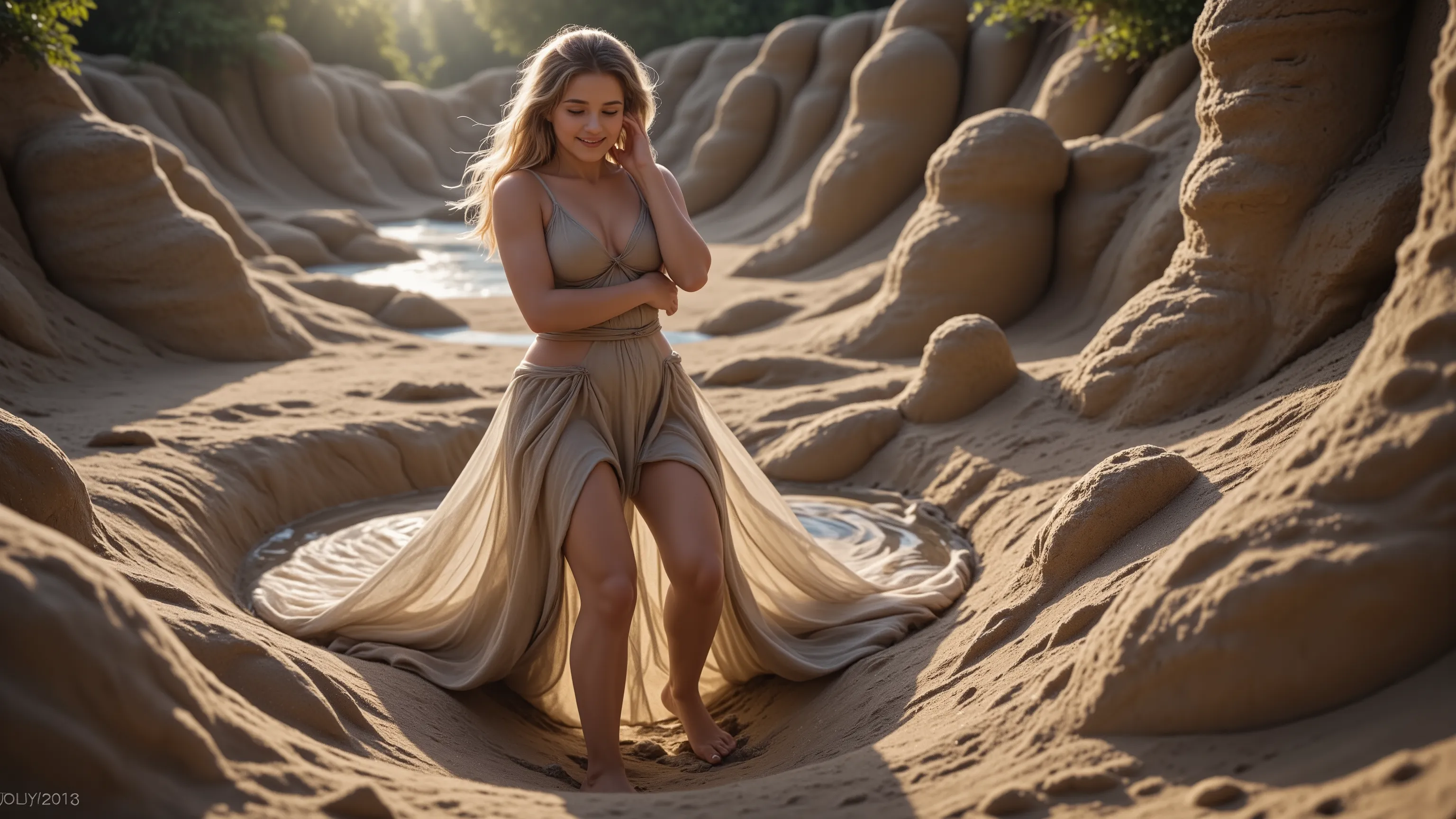 A beautiful mystical fairy in a Kinetic Sand Temporal Flux style, where the passage of time is captured in the fluidity of sculpted sand. Fleeting shapes are illuminated by hints of blue and yellow, with a delicate interplay of light and shadow emphasising...