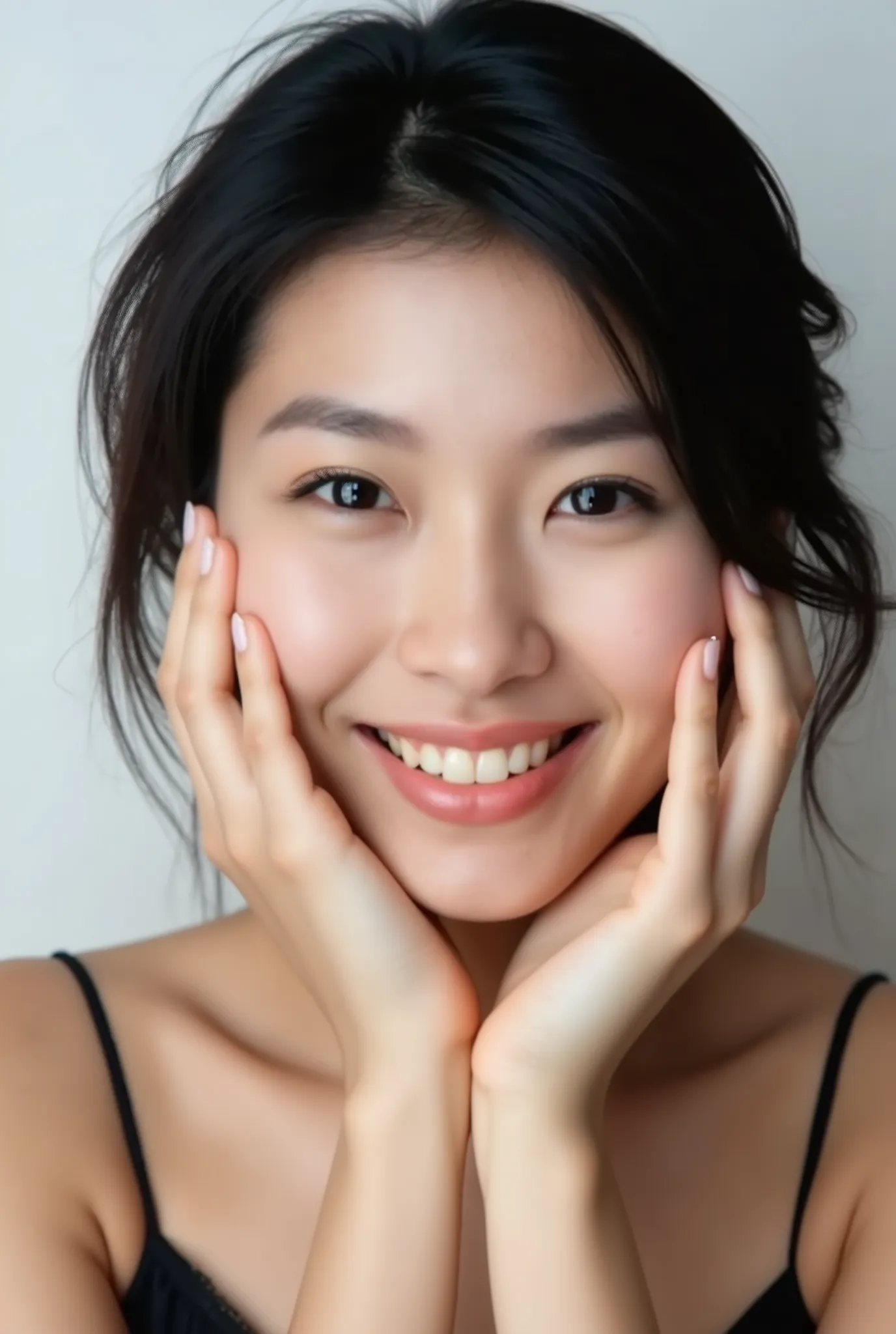 An extreme ultra close-up portrait of a stunningly beautiful young Japanese woman in her early twenties. Her face fills 95% of the frame, captured in cinematic soft lighting. She has a warm skin tone with flushed cheeks, porcelain-smooth complexion, visibl...