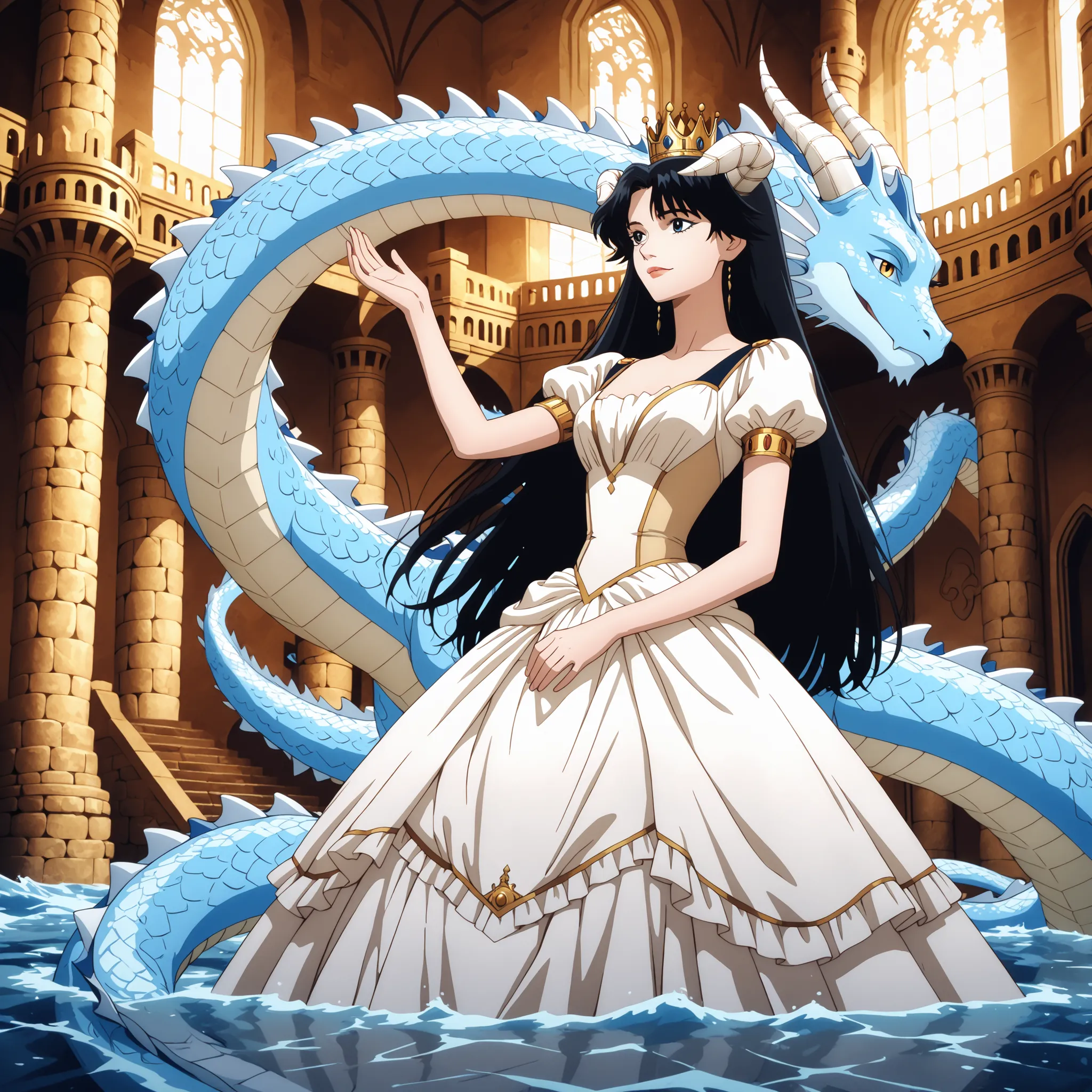 Saphir Maasa with long black hair white horns and slender frame, dressed as a Queen, proud, indoors, in a water dragon castle, in full view in a highly detailed anime style