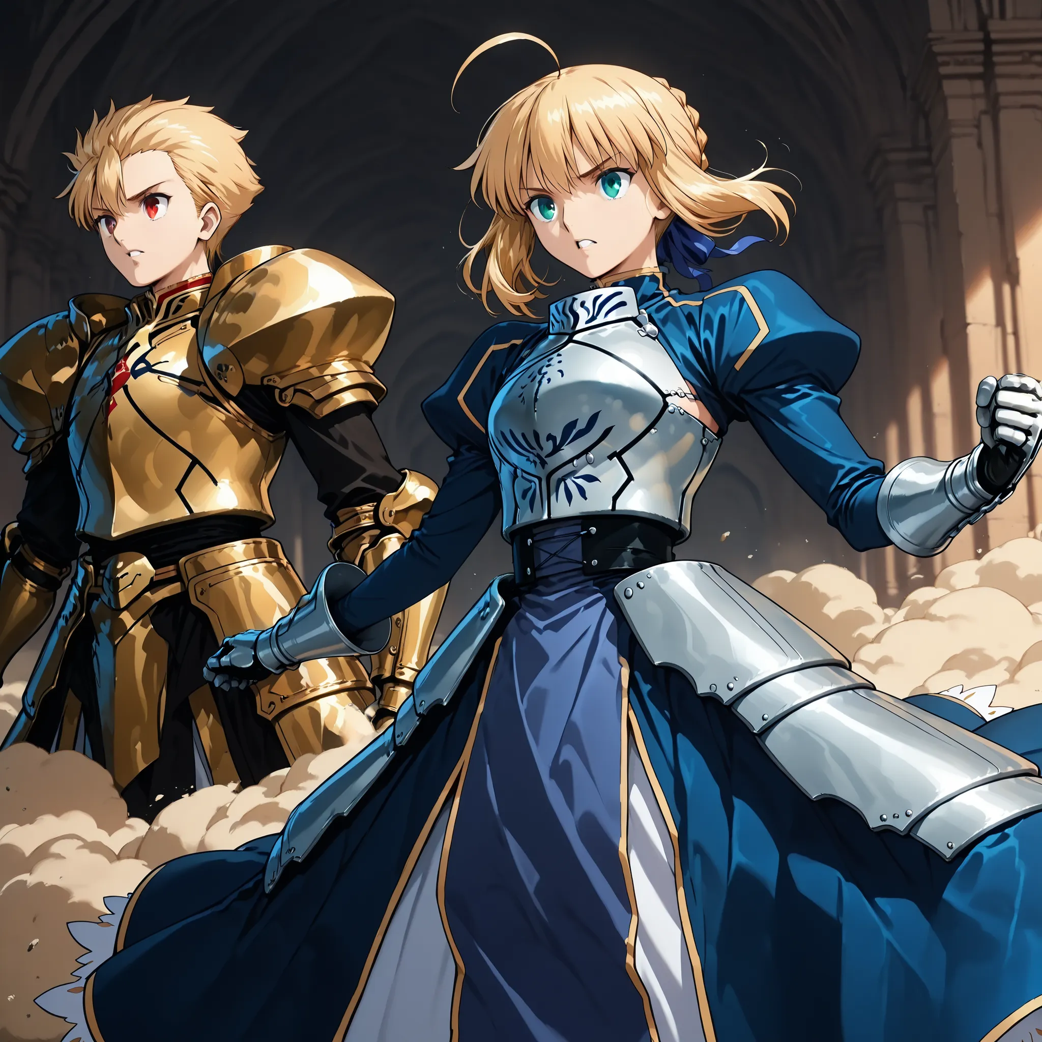 score_9, score_8_up, score_7_up, masterpiece, source_anime,(1girl,random situation, artoria pendragon (fate), saber (fate), turtleneck, blue dress, breastplate, armored dress, long sleeves, juliet sleeves, gauntlets, faulds, long dress,),break,(1boy is Gil...