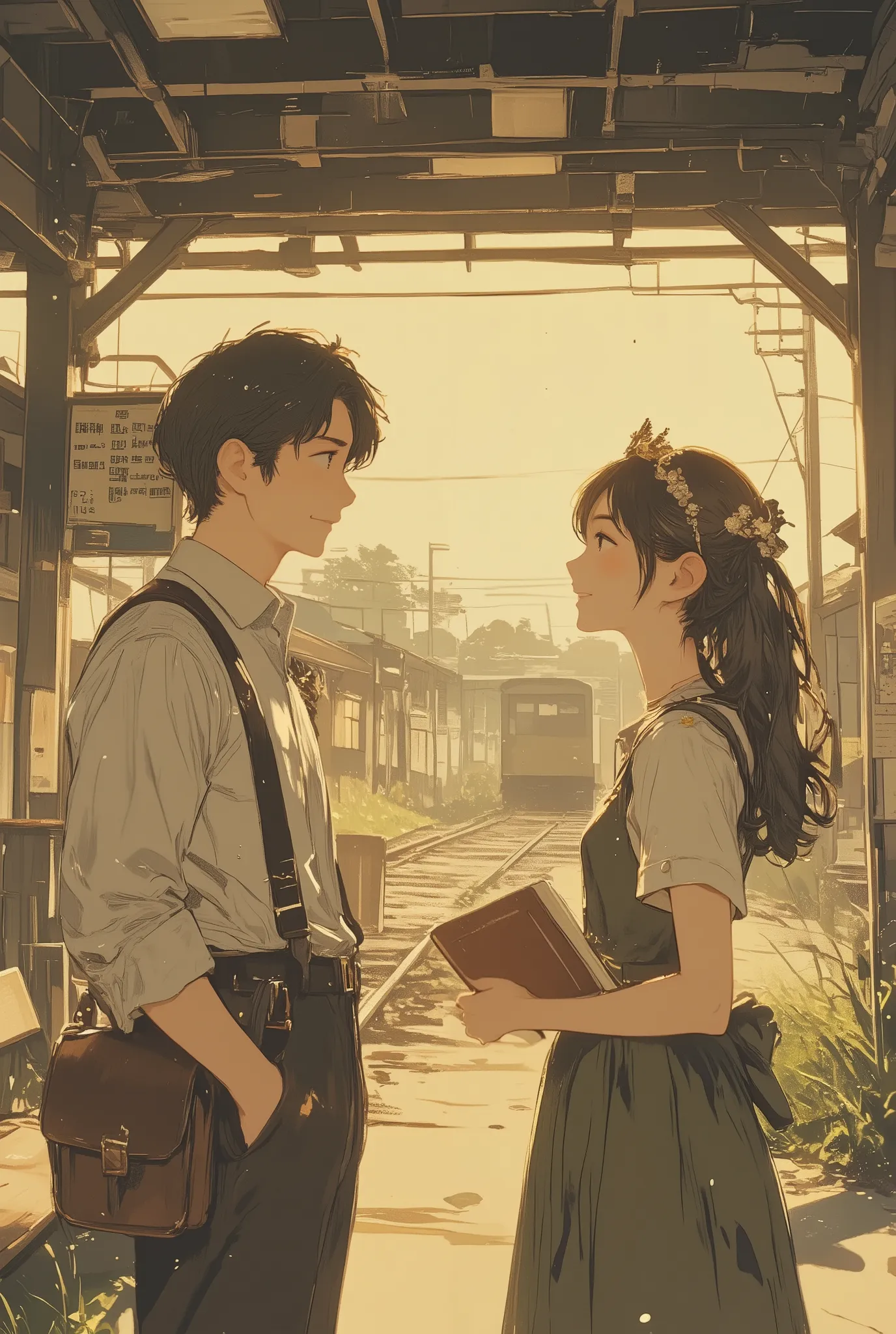 a soft, sepia-toned cinematic scene of a young man and young woman meeting for the first time at a quiet countryside train station, both wearing delicate royal accessories — the young man with a simple gold crown slightly tilted on his head, the young woma...
