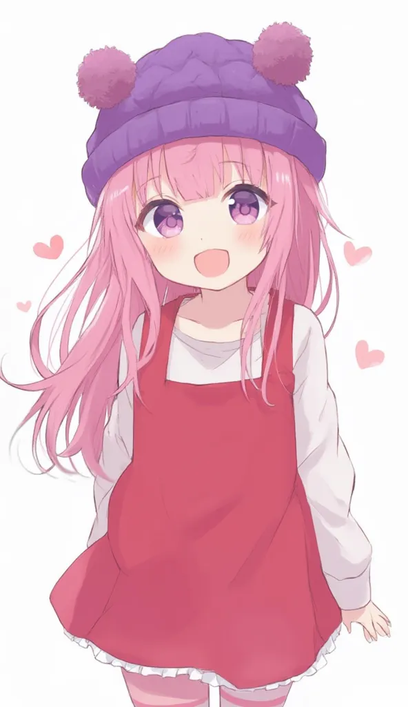 close up, fondo totalmente white, create tall 25-year-old kawai girl, pink hair, anime style, excited, clothing in red colors, white, blue, wearing a purple wool hat with little ears, simple smiley face, anime style image kawai, big purple eyes anime style, full body image, she's wearing a knee-length dress with long striped tights, punk style,  pink style . front image, 4k, expert artist. smiley face from the front. adult, flat body. ropa de mujer adult, arms made for back.