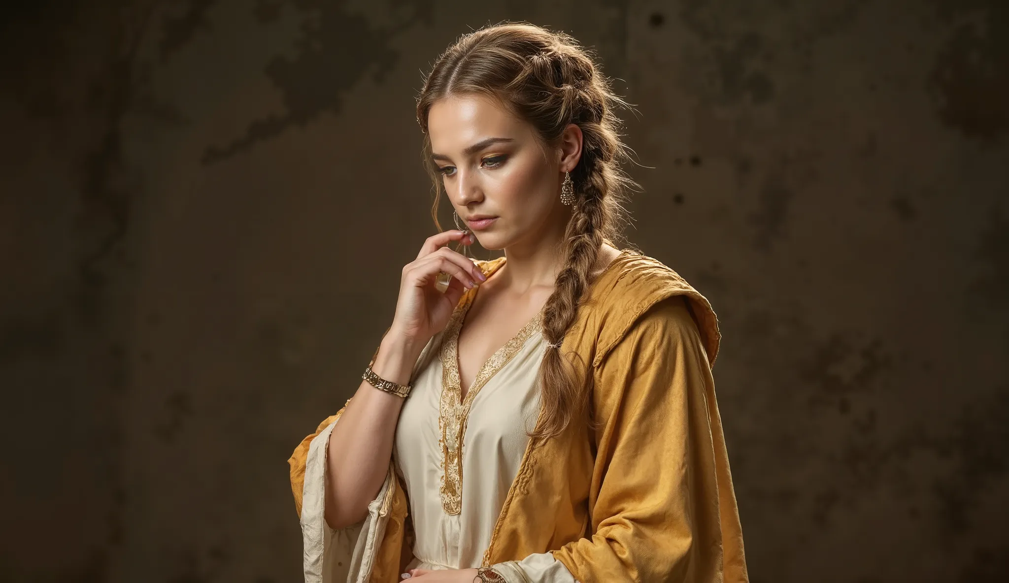 A regal young woman inspired by Hellenistic royalty stands in soft dramatic light, wearing layered golden and white silk robes adorned with fine embroidery. Her gaze is serene but commanding, posture upright, with one hand on her chest as if in deep refle...