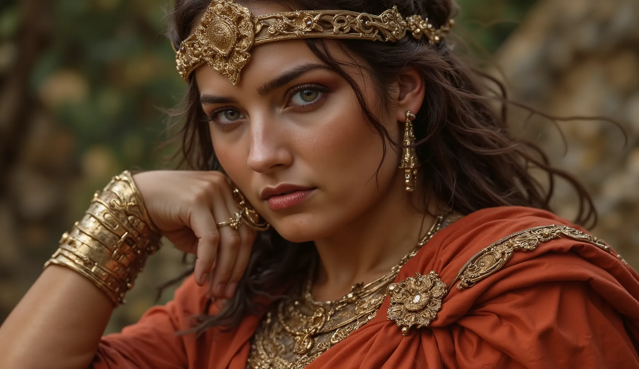A powerful Roman empress with olive skin and piercing eyes gazes forward with quiet strength. She wears a crimson and gold toga clasped with ornate brooches, and her expression shows emotional control and resilience. Wind lifts the edges of her fabric slig...