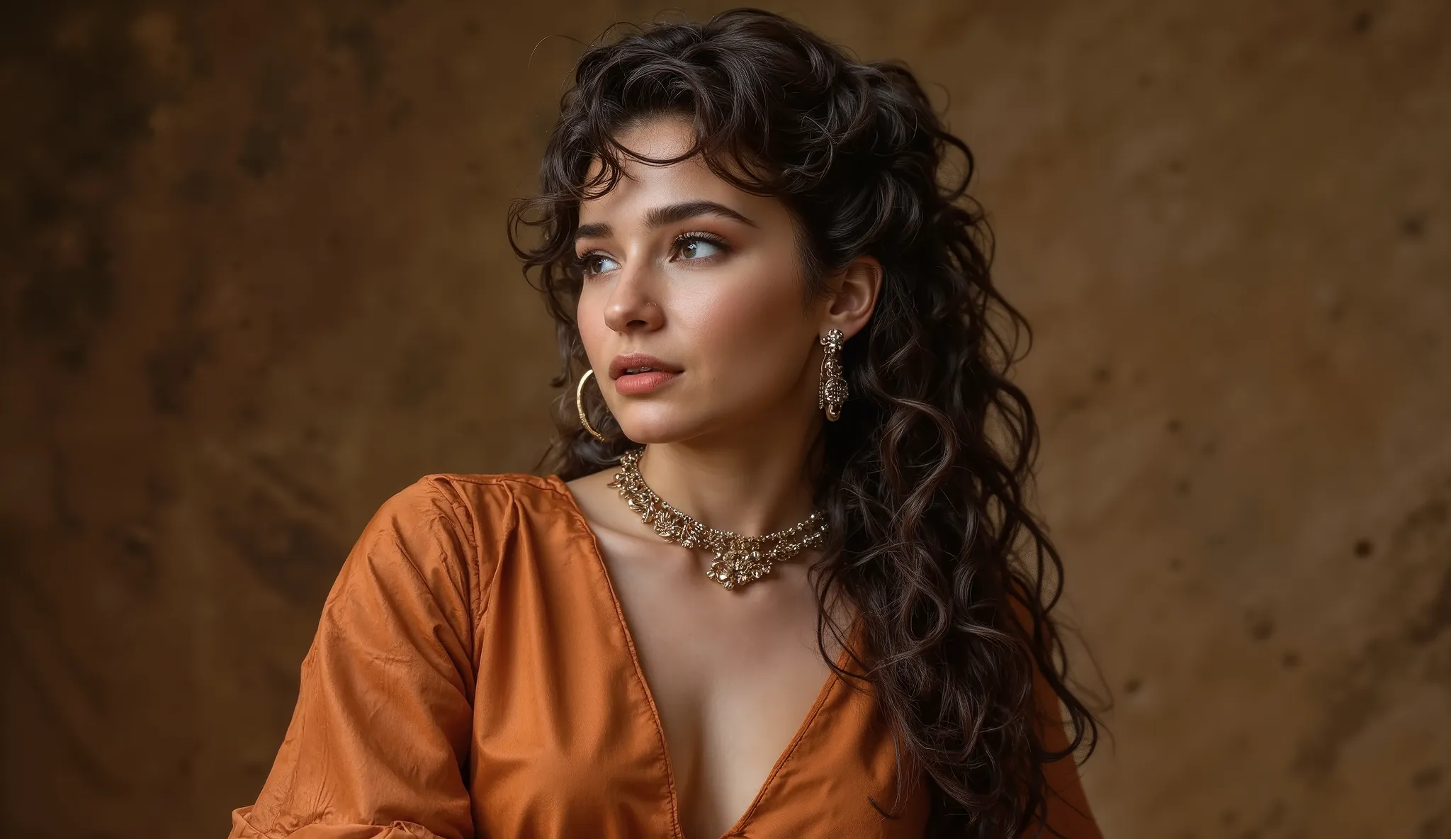 A majestic woman in her late twenties, dressed in layered copper-toned silks and adorned with delicate jewelry, looks to the side with a confident, contemplative expression. Her long dark hair is styled in intricate Roman curls, and her body language exude...
