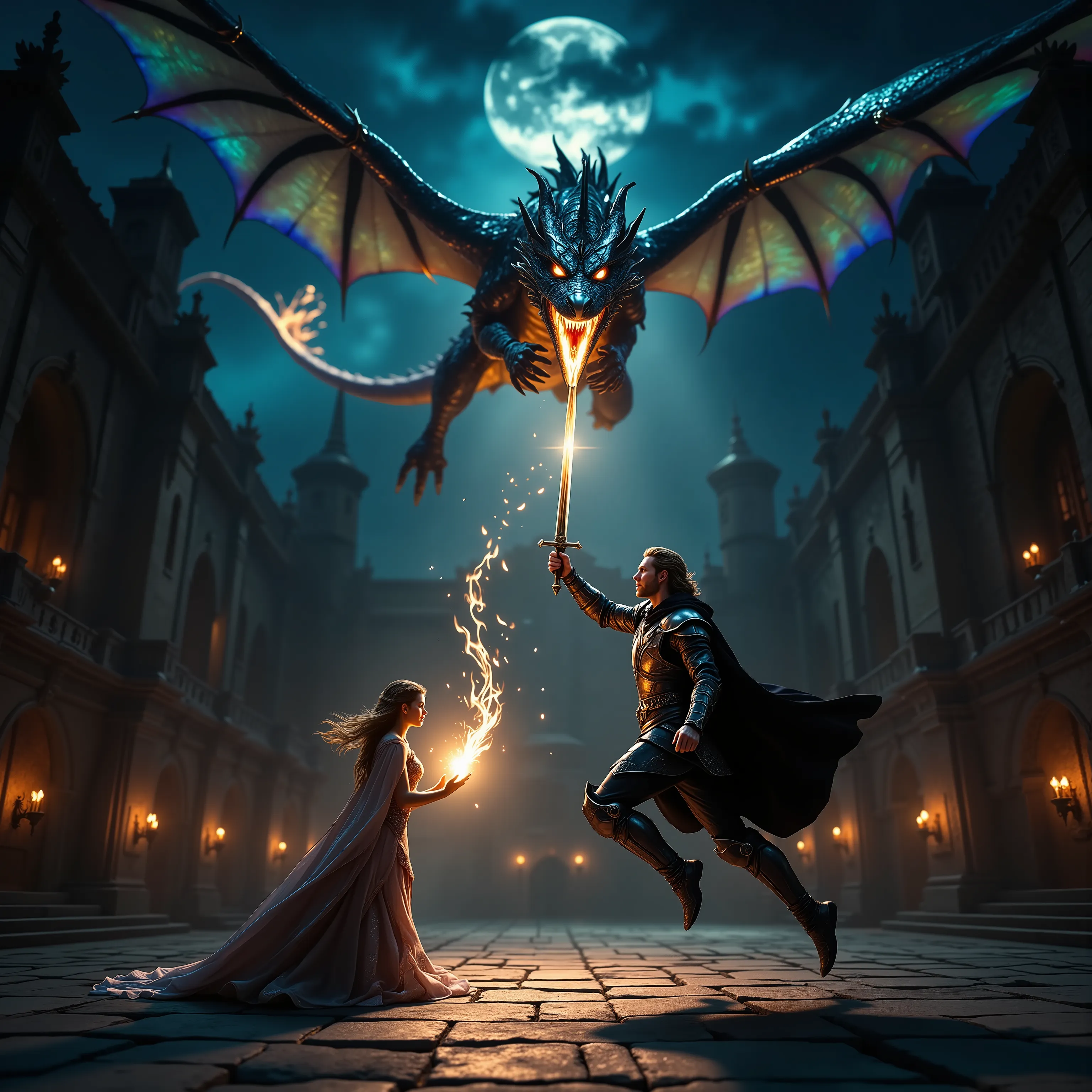A breathtaking, hyper-realistic live-action cinematic scene unfolds in an ancient, moonlit royal courtyard. In the center of the frame, a resolute king clad in intricately detailed, gleaming armor leaps dynamically into the air with his legendary sword rai...