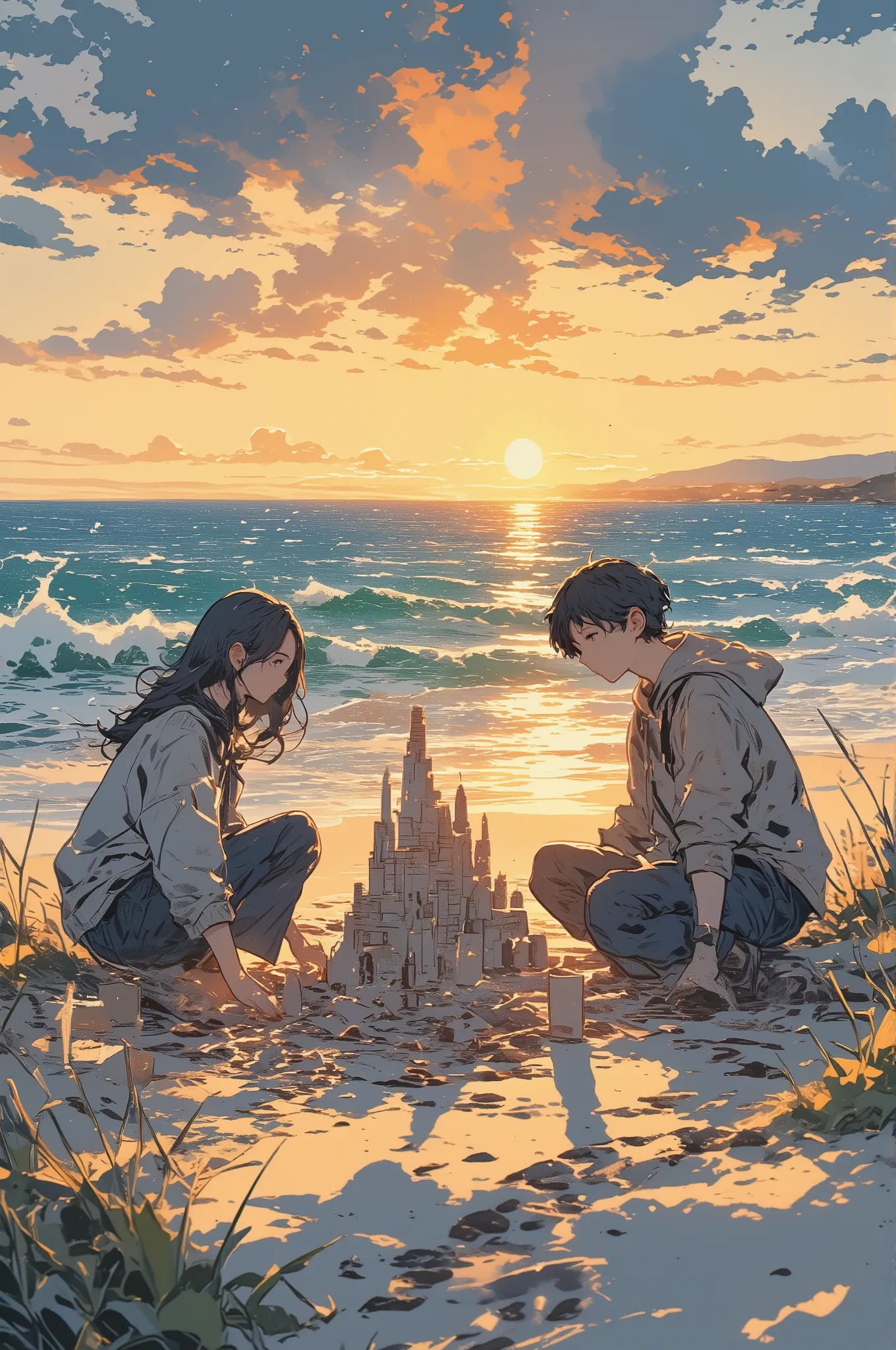 cinematic photorealistic scene of a young man and woman on a quiet beach at sunset, kneeling in the sand and building a large, elaborate sandcastle together, their expressions calm and nostalgic, a small folded paper crown placed beside them on the sand, s...